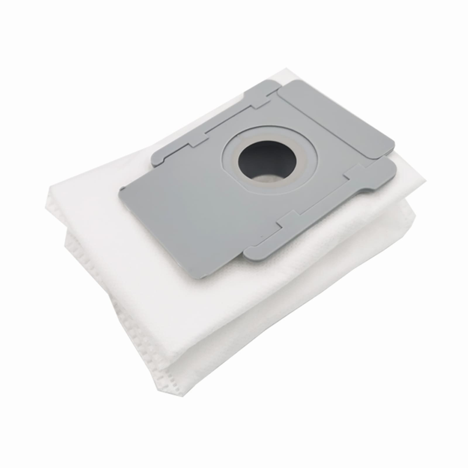 Zwei weiße Staubsaugerbeutel mit einem grauen Adapter und rundem Loch.