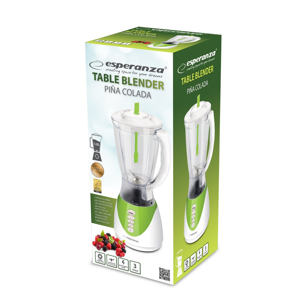 Biały i zielony blender stołowy Esperanza z oznaczeniem Piña Colada.