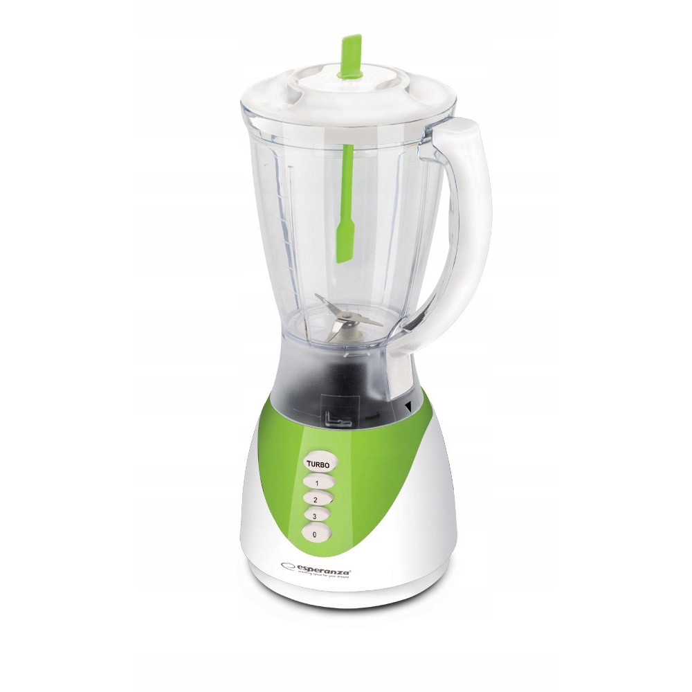 Biało-zielony blender z przezroczystym dzbankiem i przyciskami sterującymi.