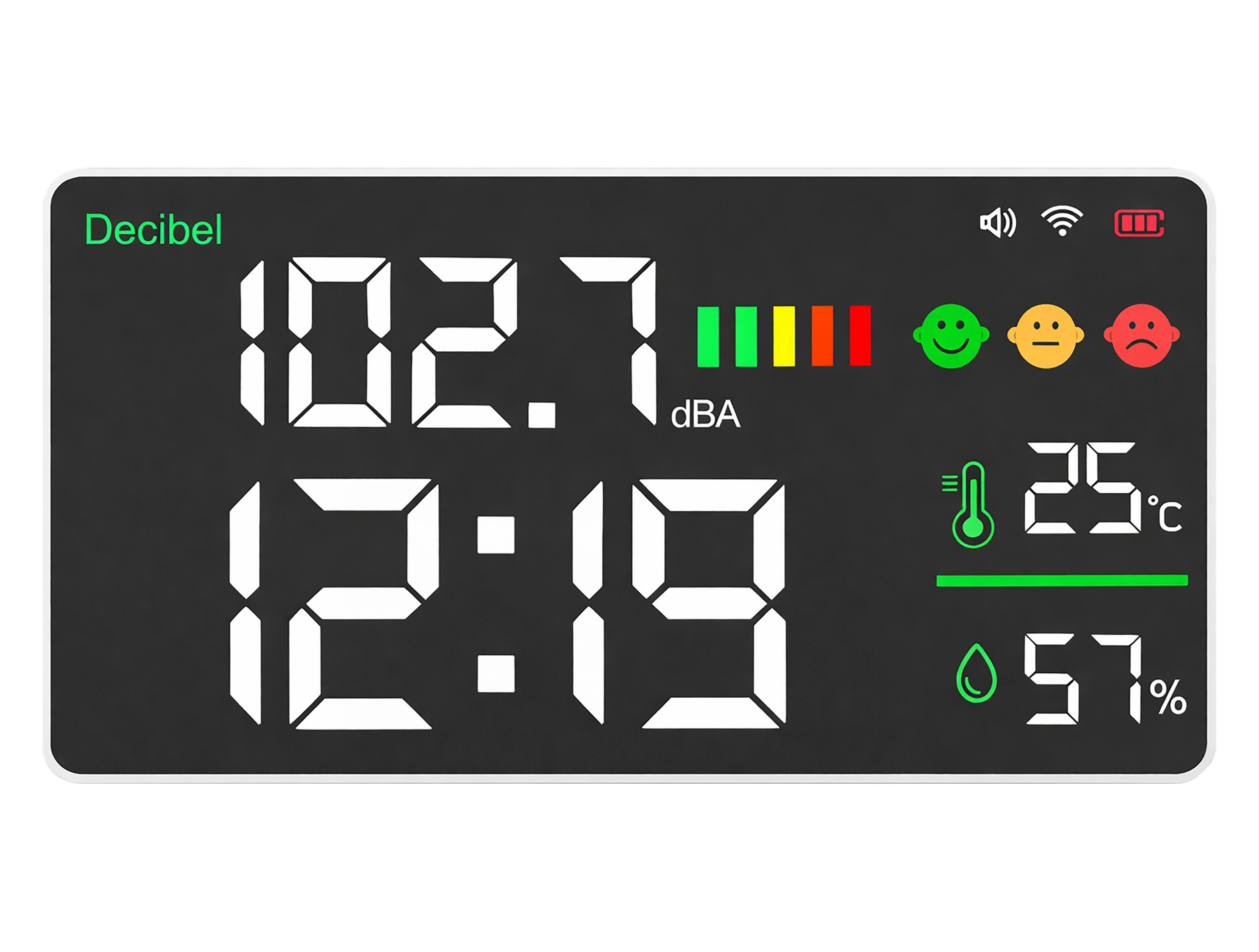 Pantalla digital muestra decibelios, hora, temperatura, humedad y batería.