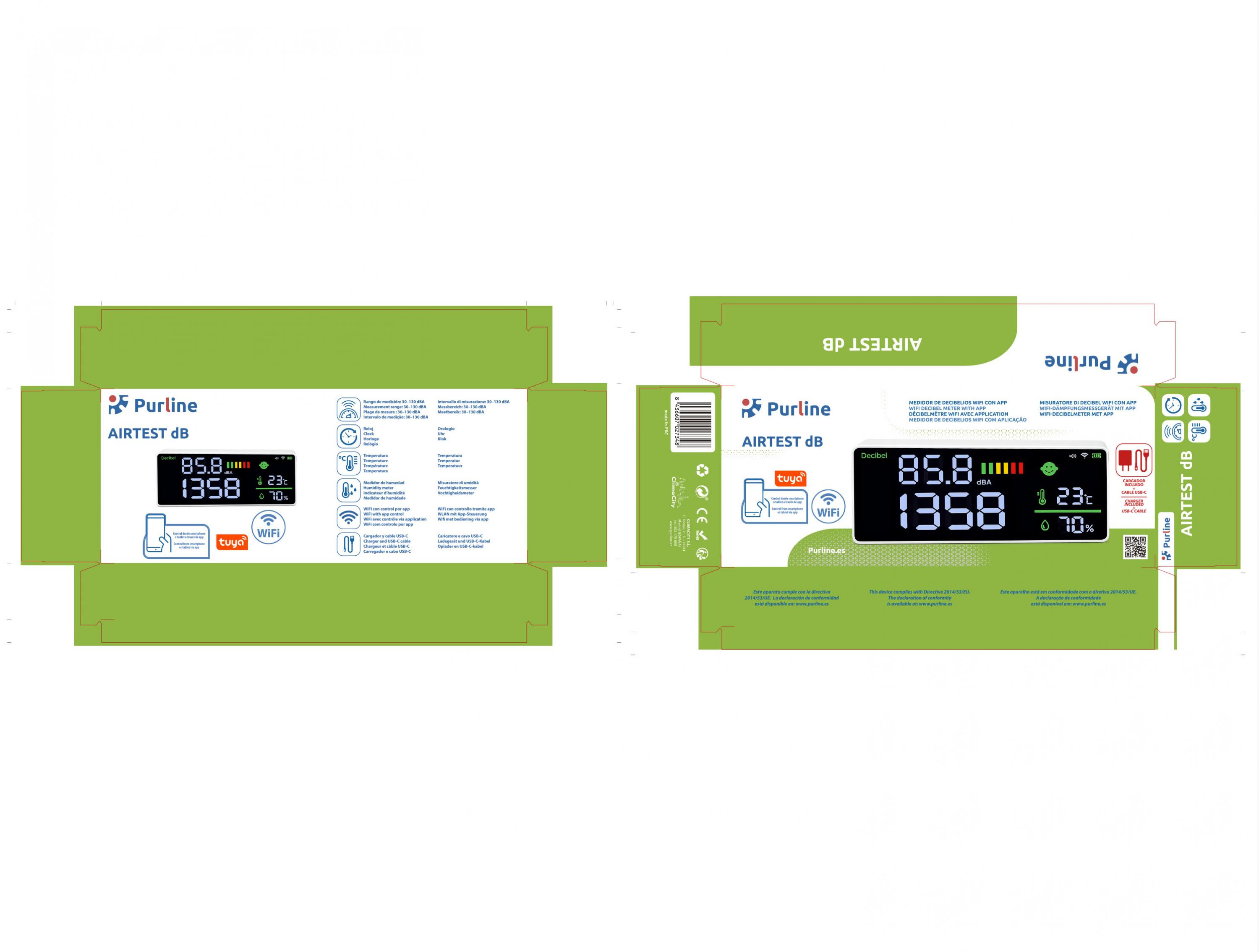 Purline AIRTEST dB: muestra 85.8 dBA, 1358, 23°C, 70% humedad.
