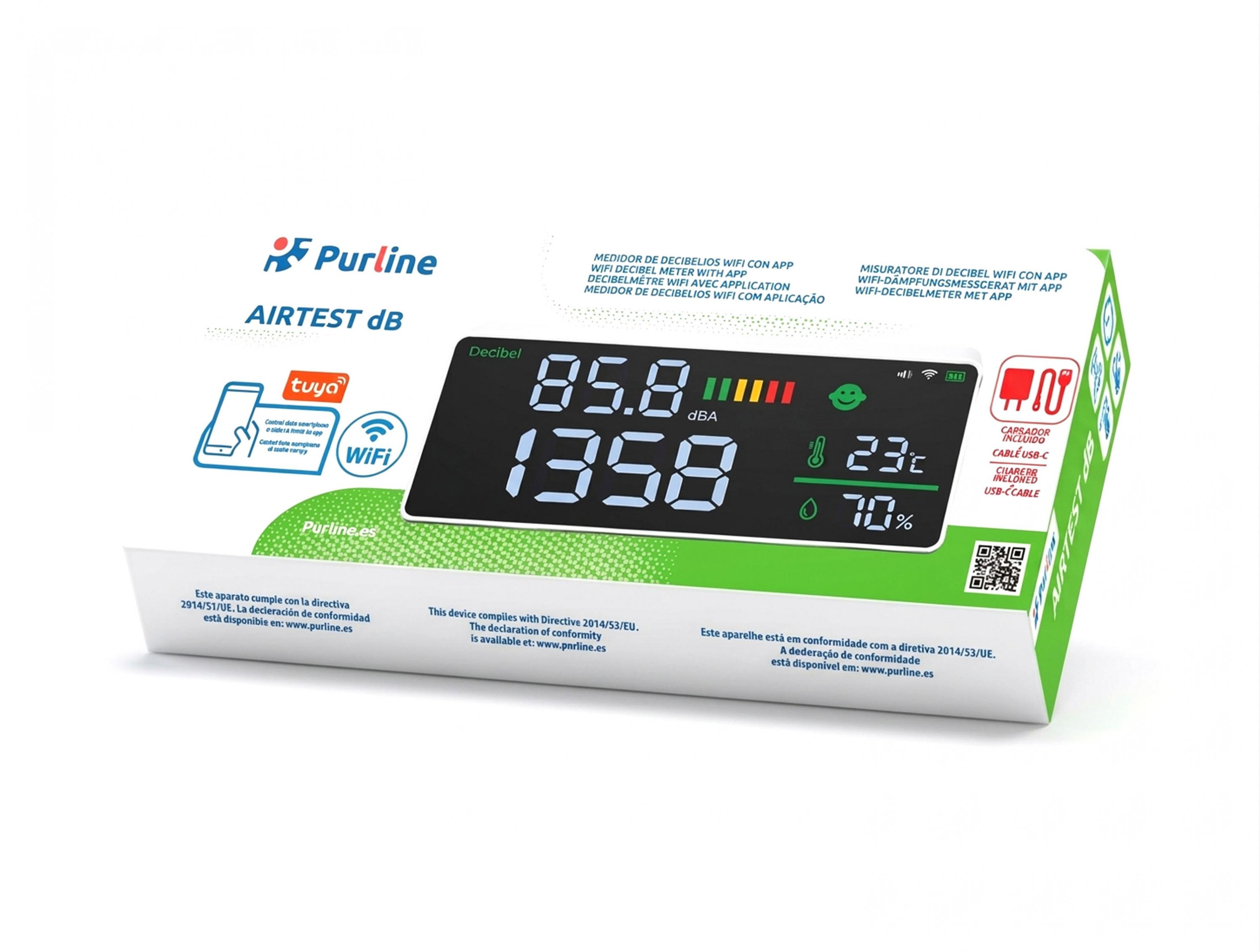 El Purline AIRTEST dB muestra 85.8 dBA, 1358, 23C y 70%.