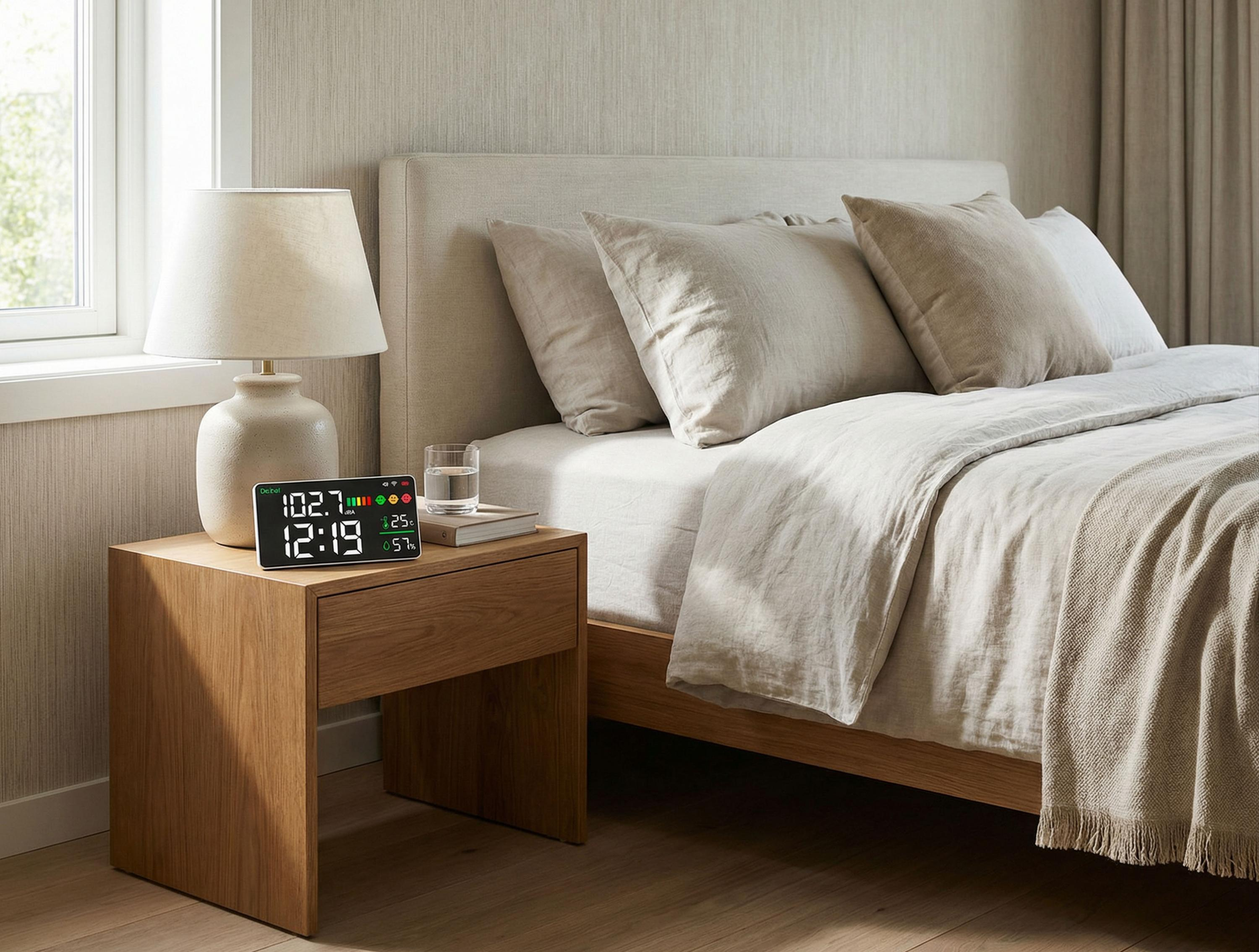 Una mesita de noche de madera con lámpara y despertador junto a una cama.