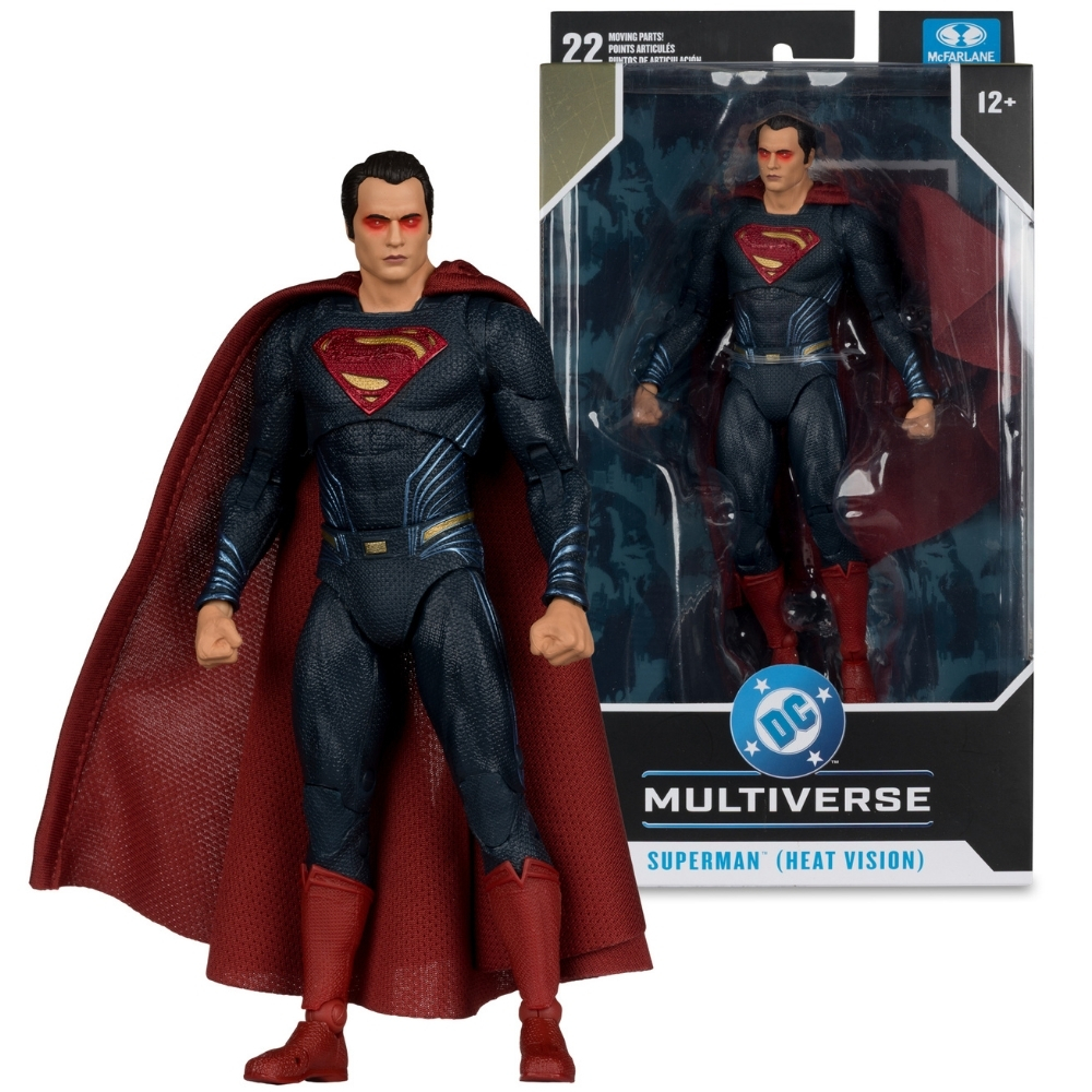Action figure di Superman con mantello e stivali rossi. Indossa una tuta nera.