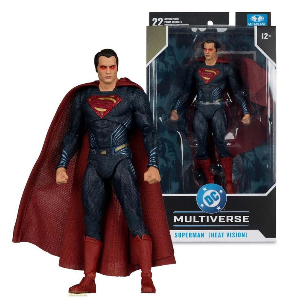 Action figure di Superman con mantello rosso, occhi visione calorifica, in scatola.