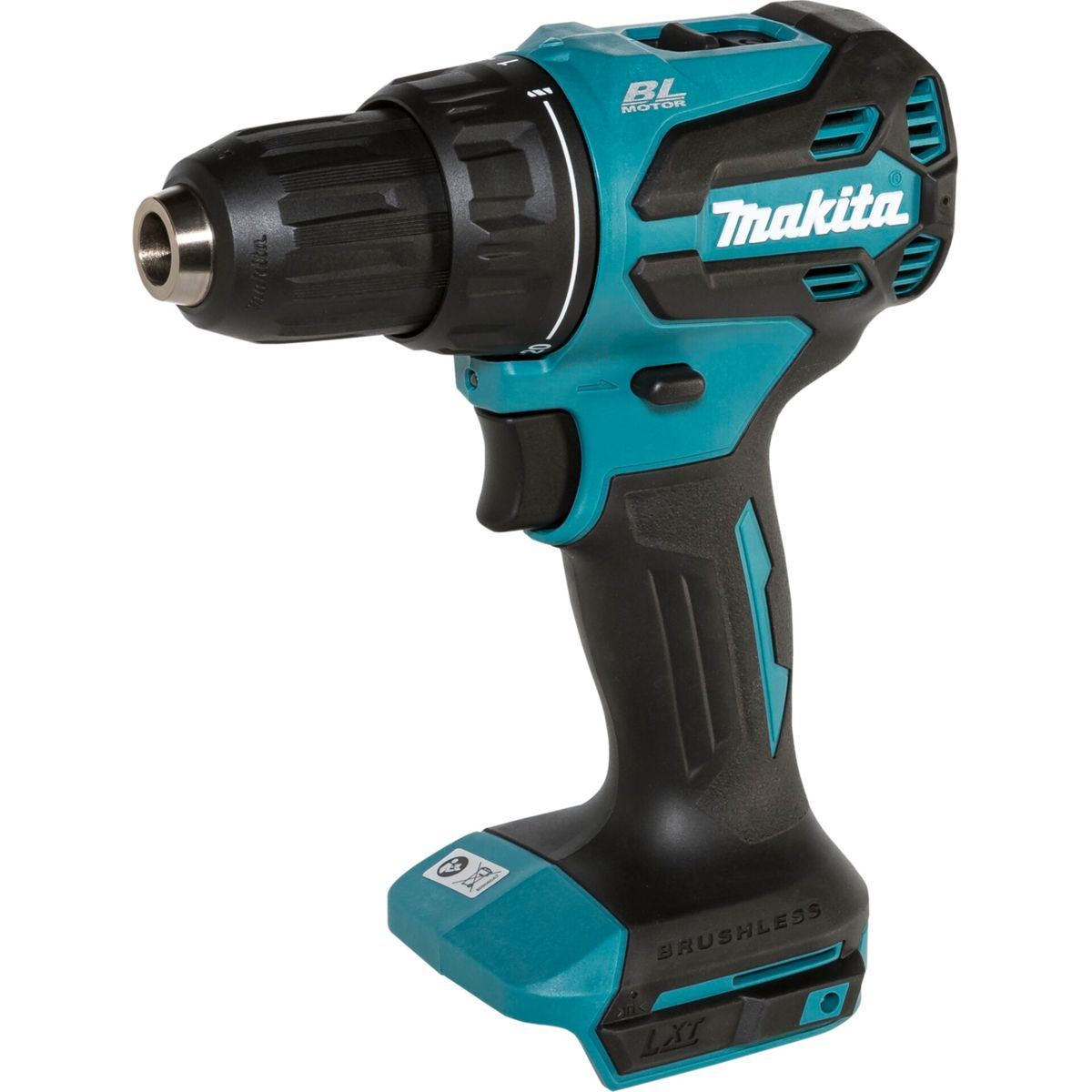 Un trapano a batteria Makita nero e turchese con motore BL.