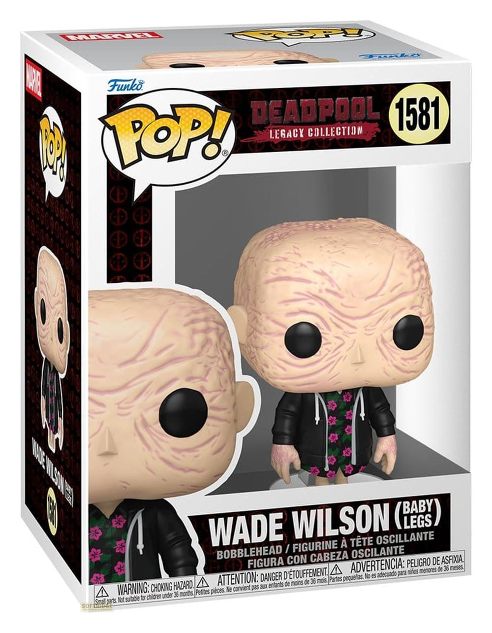 Figura Funko Pop de Deadpool Wade Wilson en caja con estampado floral.