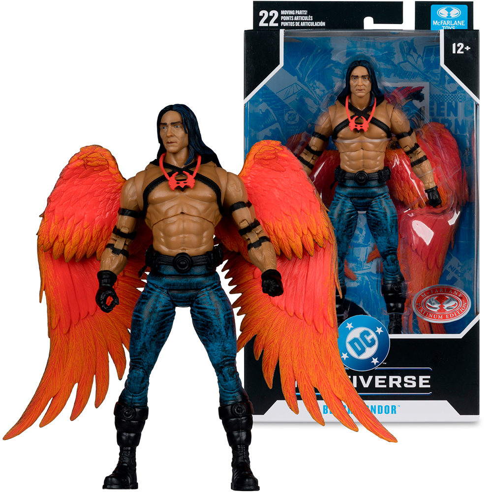 Ein Actionfigur mit großen roten und orangen Flügeln.