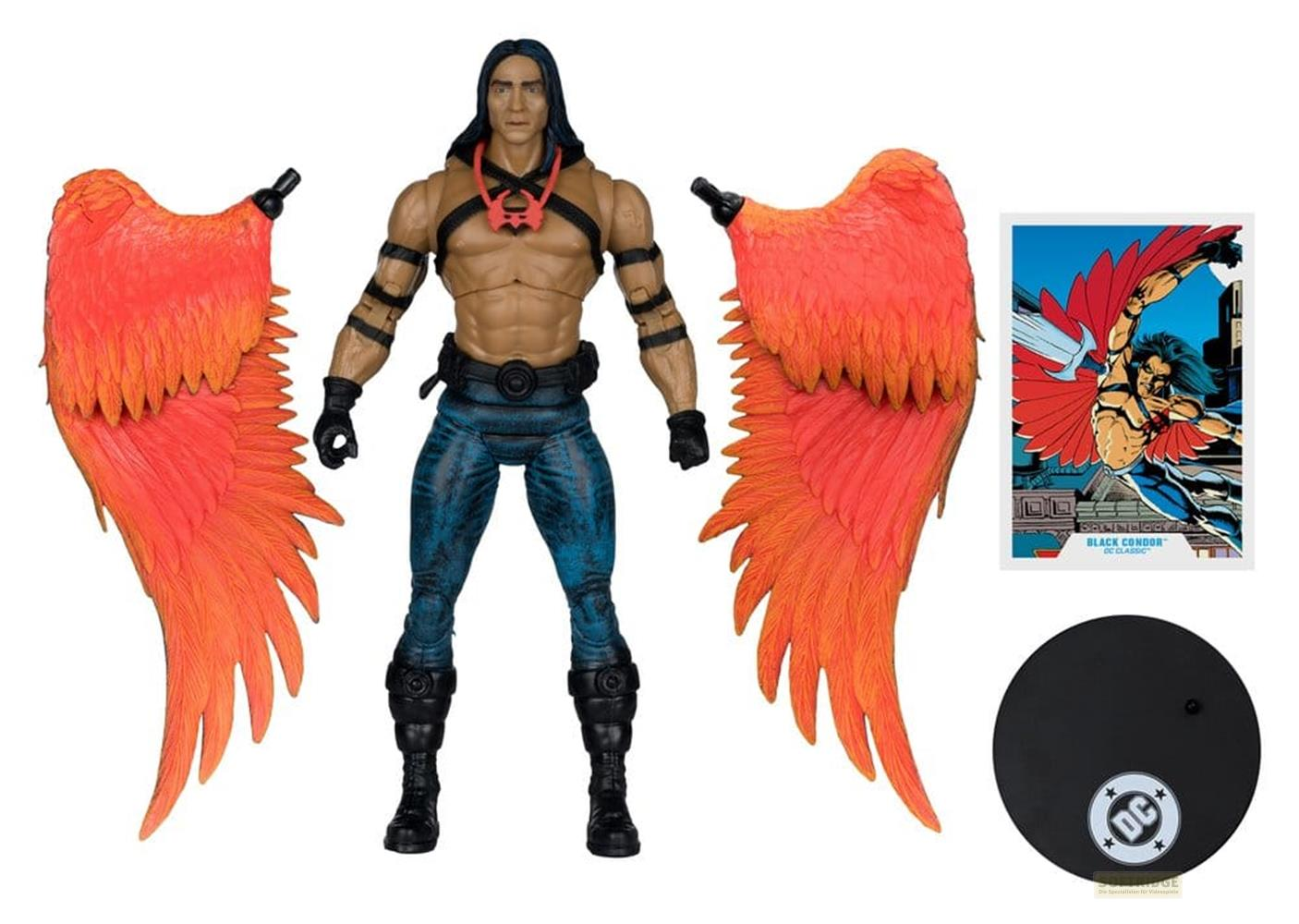 Actionfigur mit orangen Federn Flügeln, Comic-Karte und schwarzem Ständer.