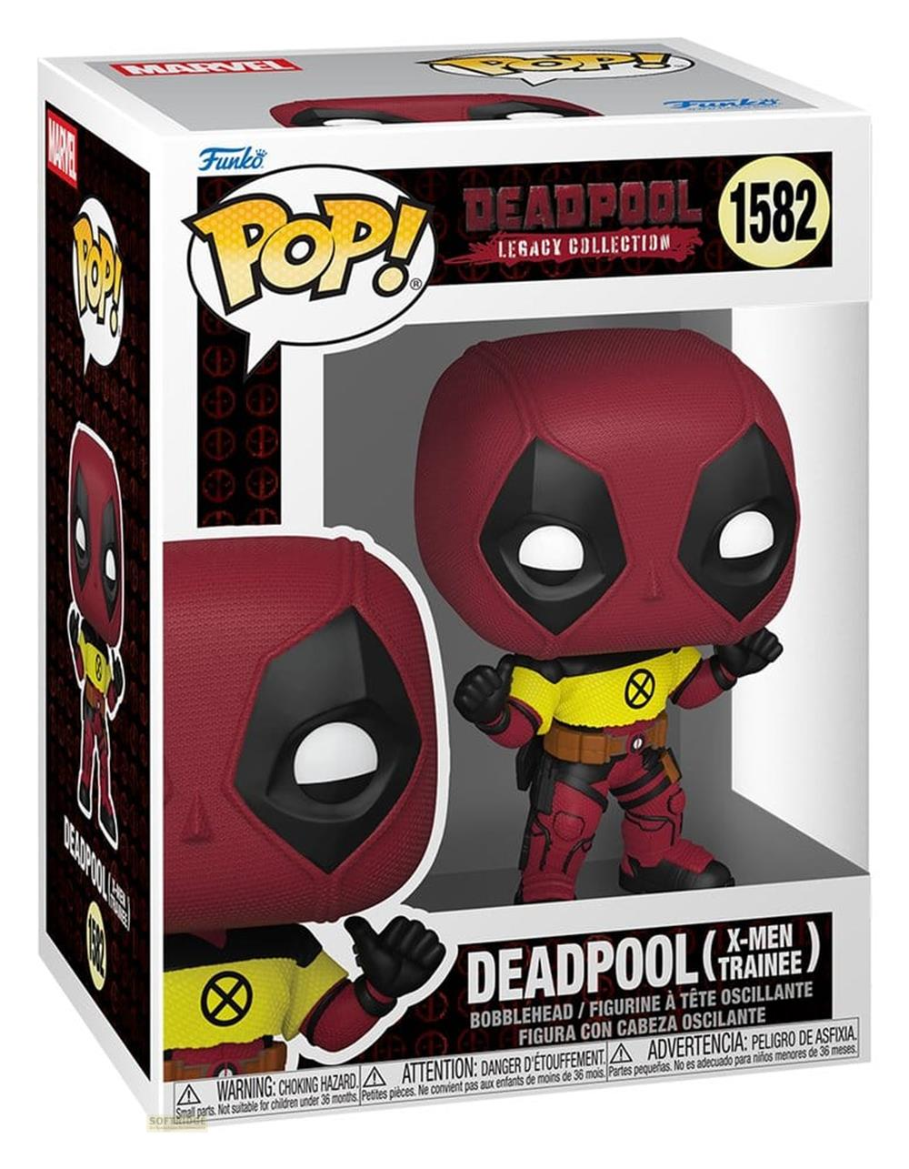 Figura Funko Pop! de Deadpool con traje rojo y top amarillo, en su caja original.