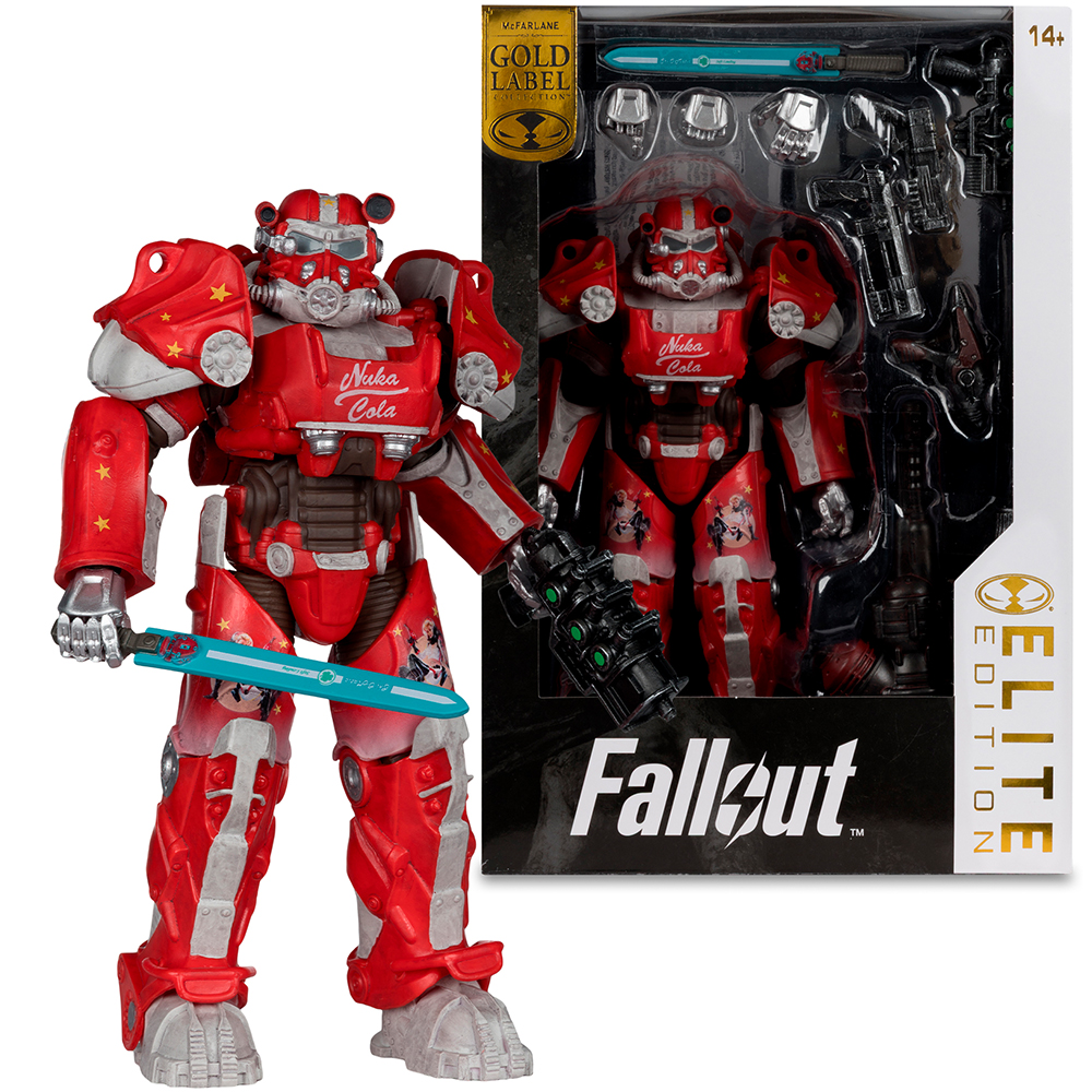 Rote Fallout Power-Rüstungsfigur mit Nuka-Cola-Branding und Schwert.