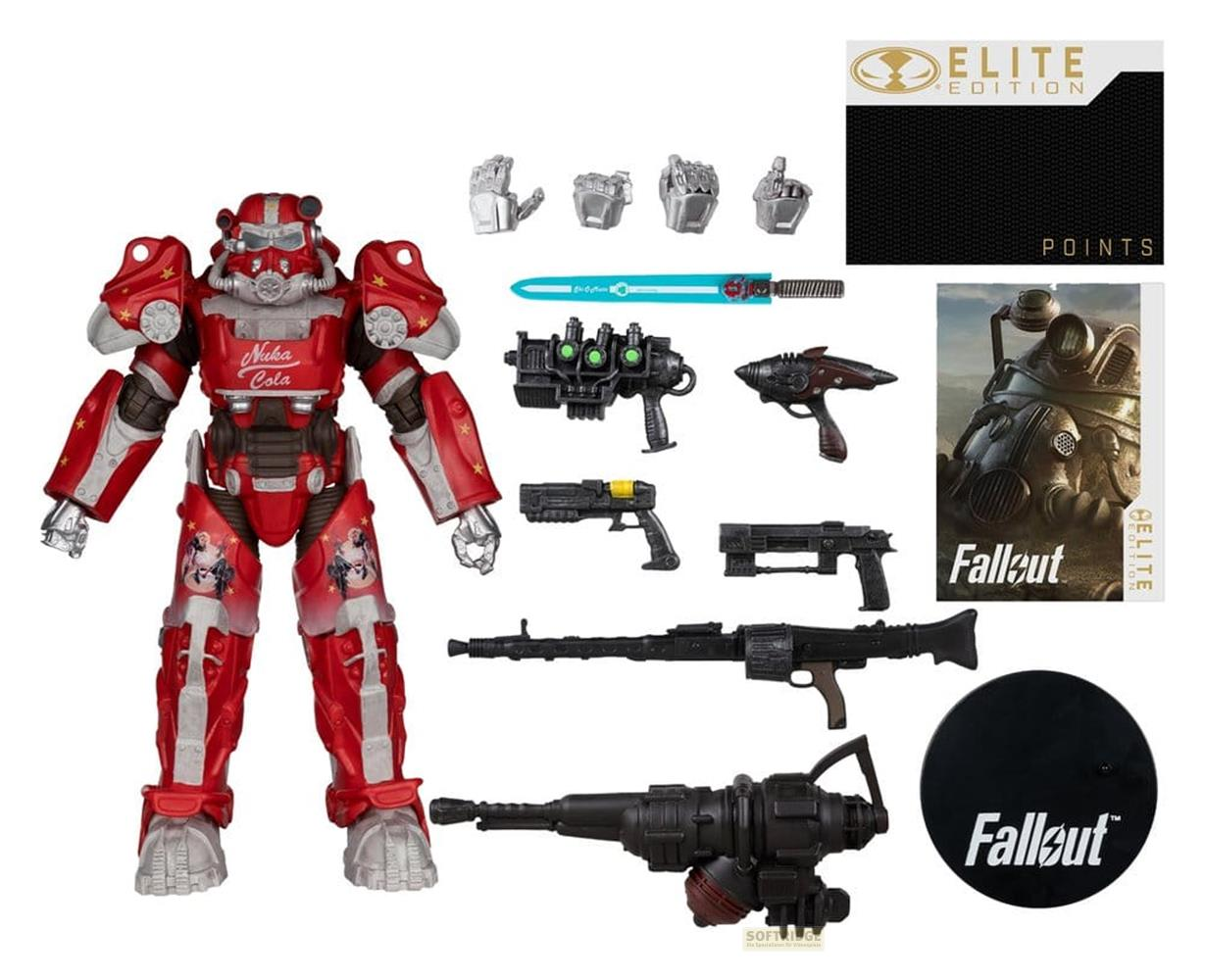 Fallout Power Armor Figur mit Waffen, Zubehör und Fallout Elite Edition Verpackung.