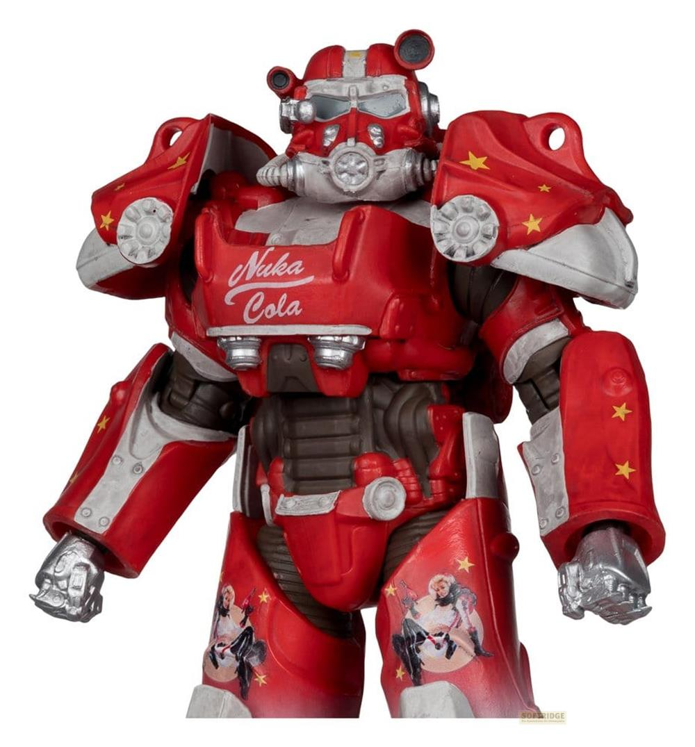 Eine rote und silberne Nuka Cola Power Armor Figur mit gelben Sternen und Pin-up-Art.