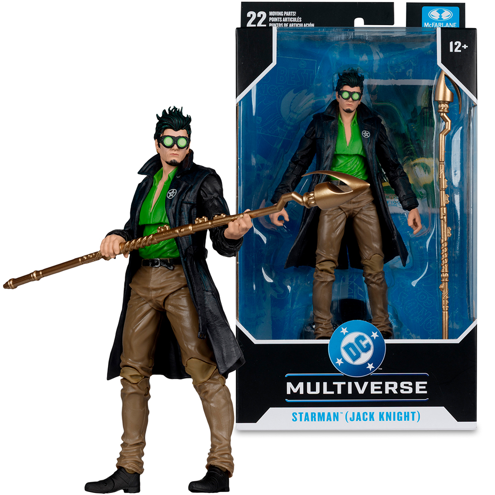 Actionfigur von Starman (Jack Knight) mit Stab, grüne Kleidung, schwarzer Mantel.