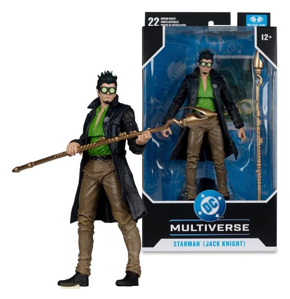 Actionfigur von Starman (Jack Knight) mit Stab, in Verpackung und daneben.