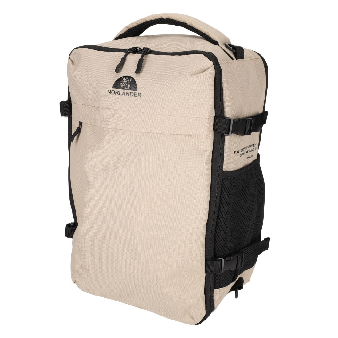 Een beige rugzak met zwarte ritsen en gespen. Heeft een mesh zijvak.