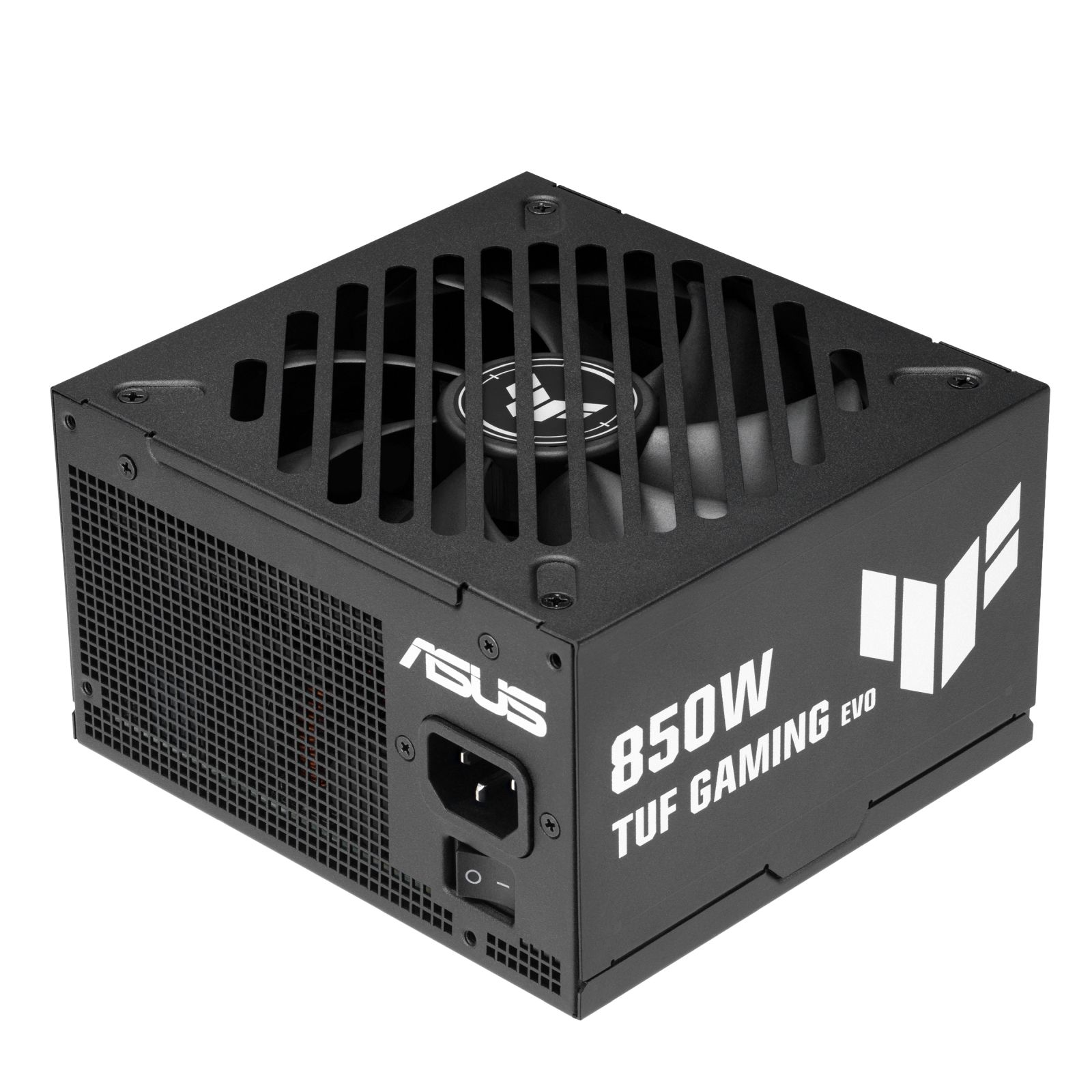 Alimentatore ASUS 850W TUF Gaming nero con griglia ventola e interruttore.