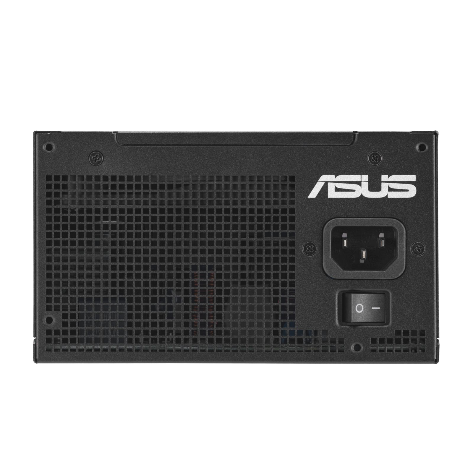 Alimentatore Asus nero con griglia di ventilazione, spina e interruttore.