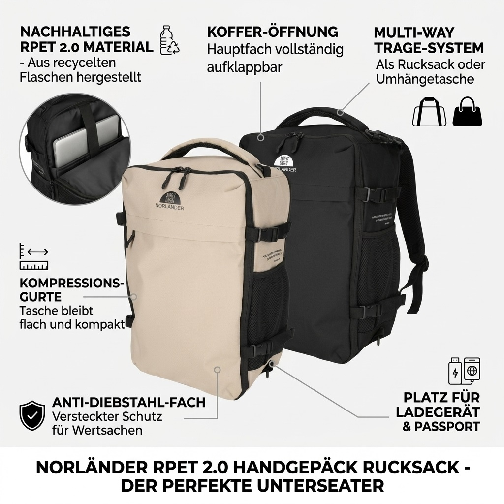Two Norländer backpacks, beige and black, featuring suitcase opening and recycled materials.