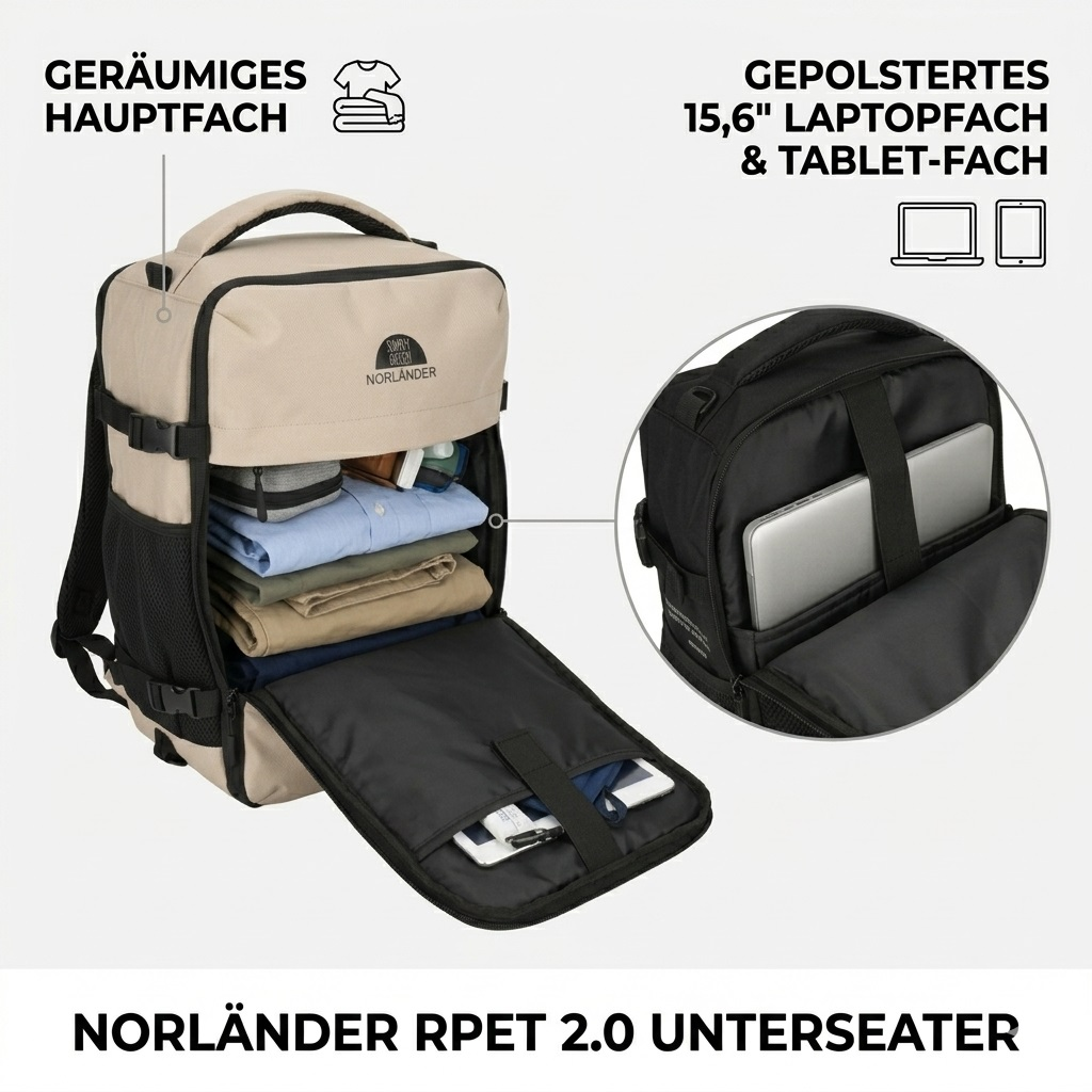 Een open beige rugzak toont kleding. Daarnaast een zwarte rugzak met laptopvak.