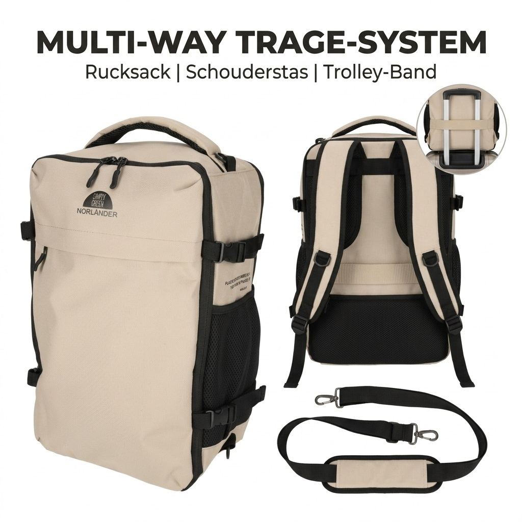 Beige rugzak met zwarte details, verstelbare banden en een schouderband.