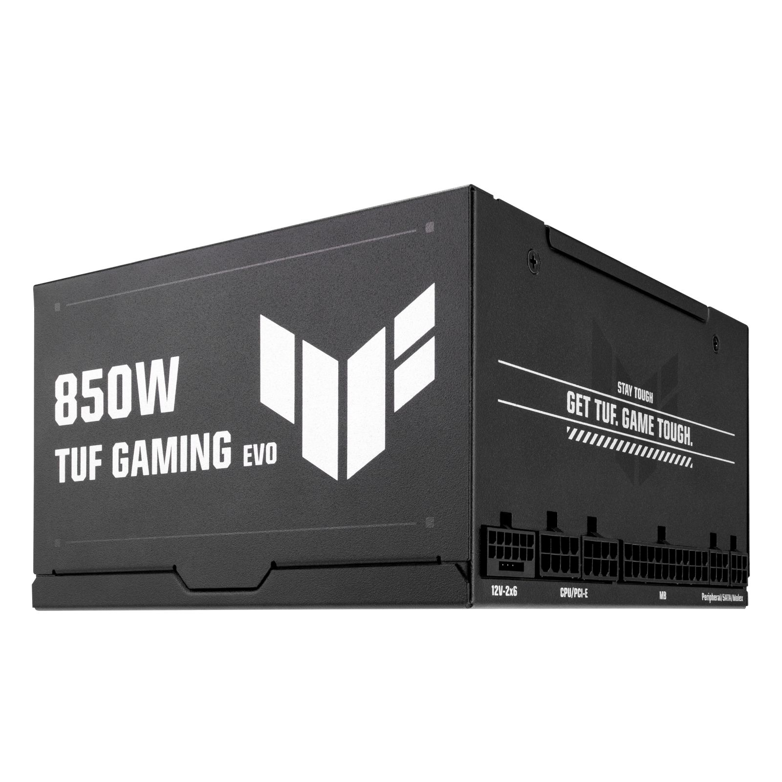 Alimentatore nero da 850W con marchio TUF GAMING EVO e connettori.