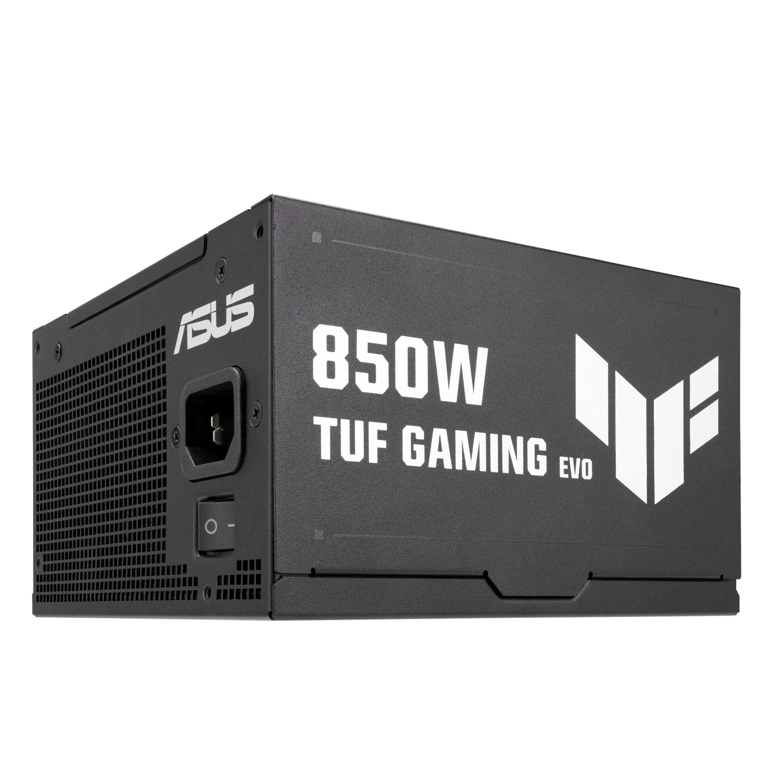 Alimentatore nero 850W TUF GAMING EVO con logo, interruttore e griglia.