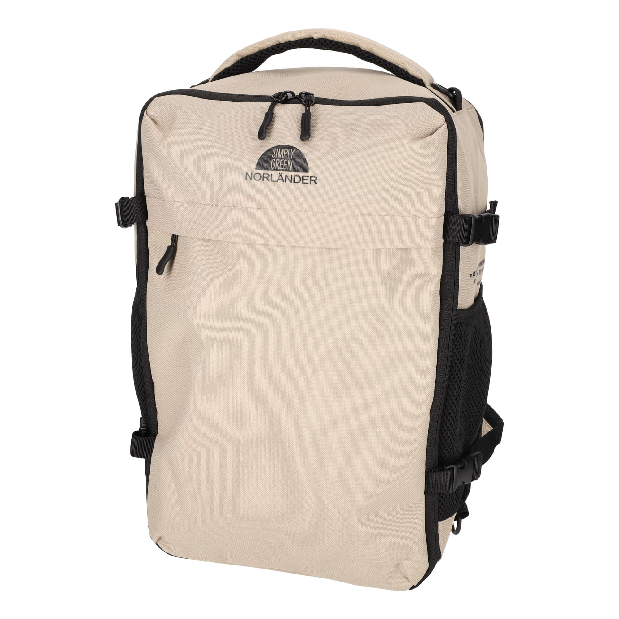 Een beige rugzak met zwarte accenten en ritsen.