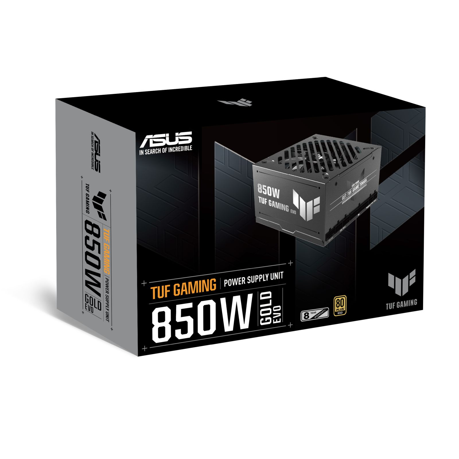 Scatola di un alimentatore ASUS 850W TUF Gaming Gold EVO con PSU.