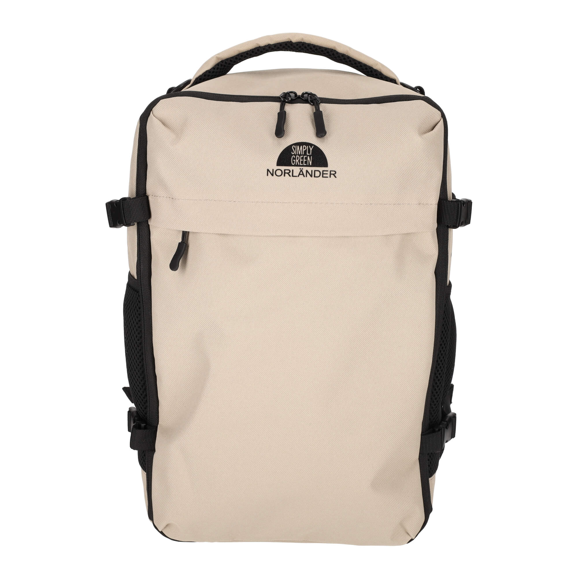 Een beige rugzak met zwarte accenten, ritsen en een logo.