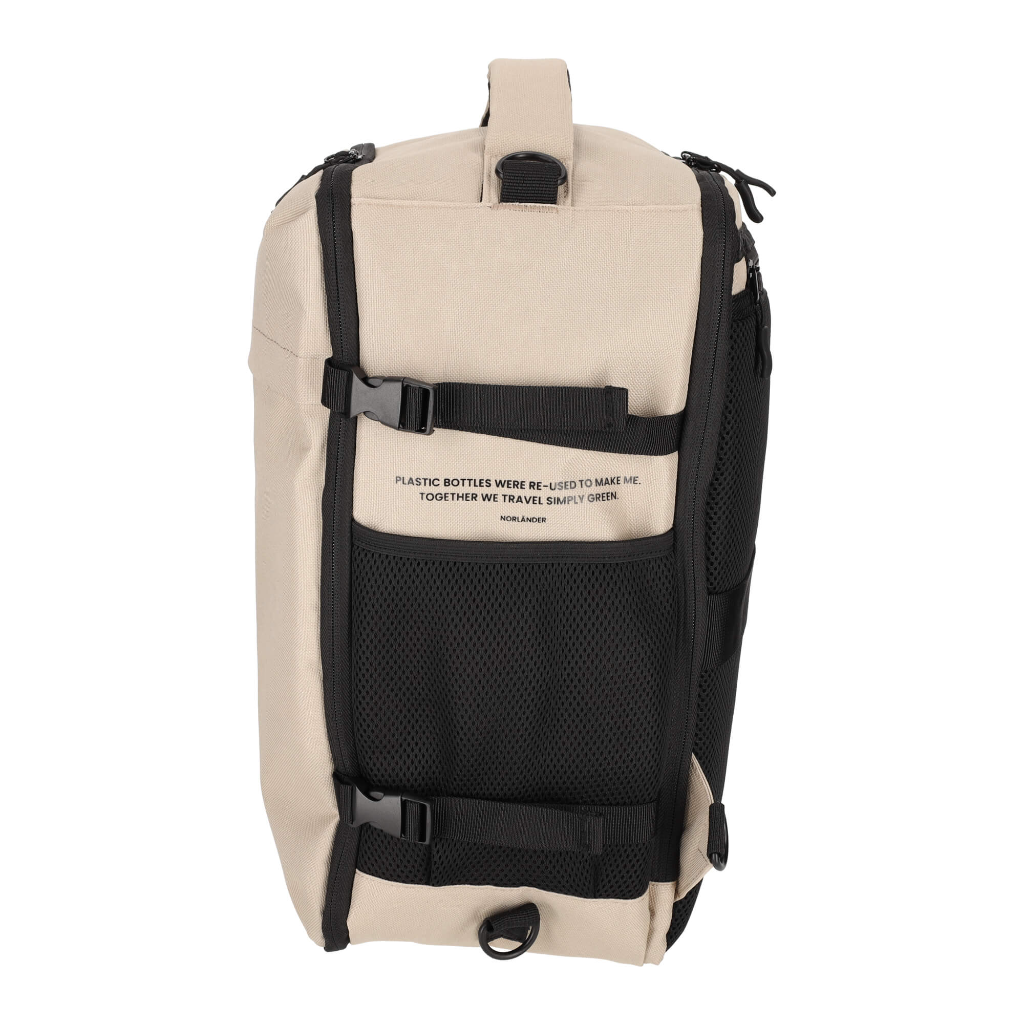Een beige tas met zwarte accenten en mesh details. Bevat tekst.