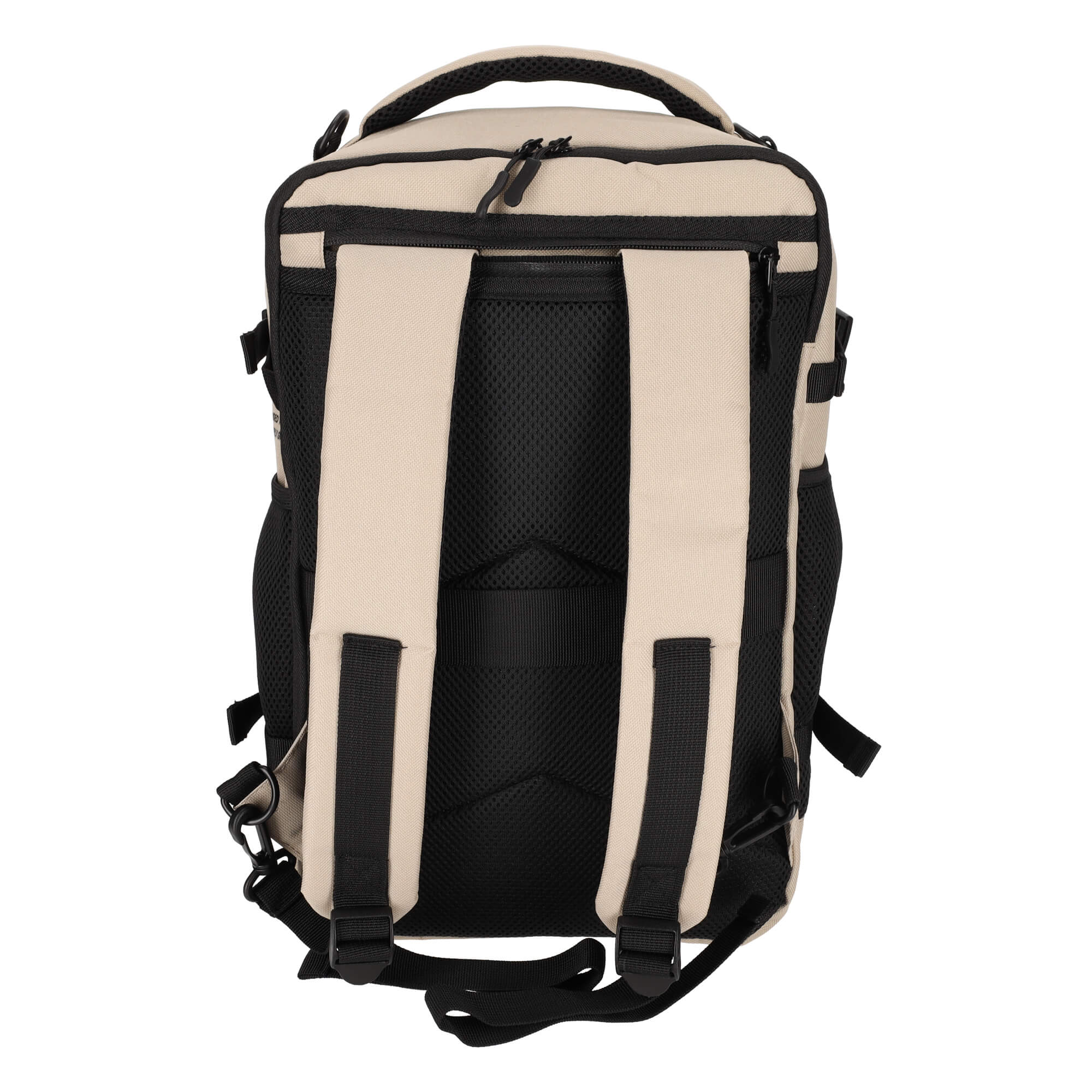 Achterkant van een beige rugzak met zwarte banden en mesh rugpaneel.