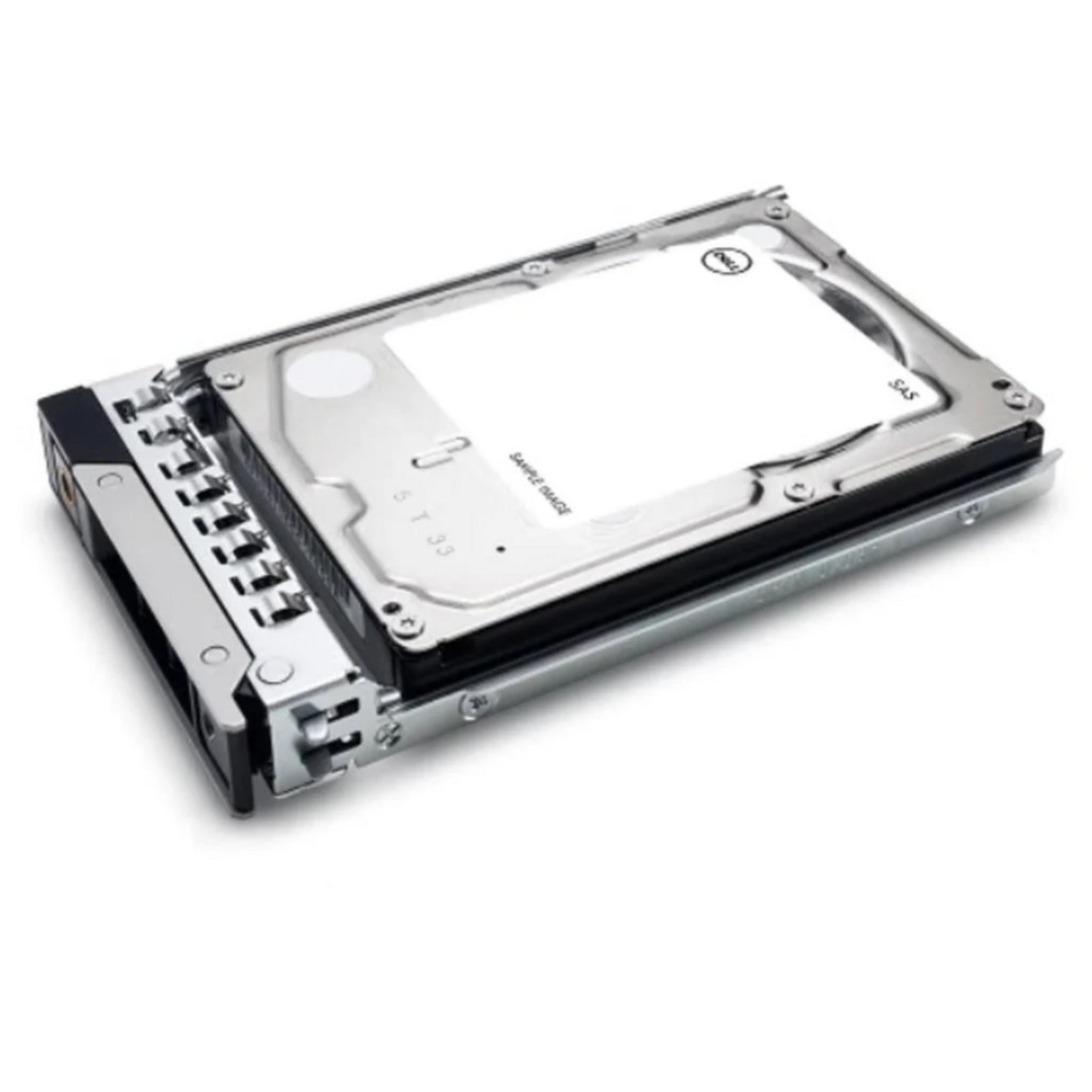 Un hard disk SAS Dell con chassis argentato e pannello connettori nero.
