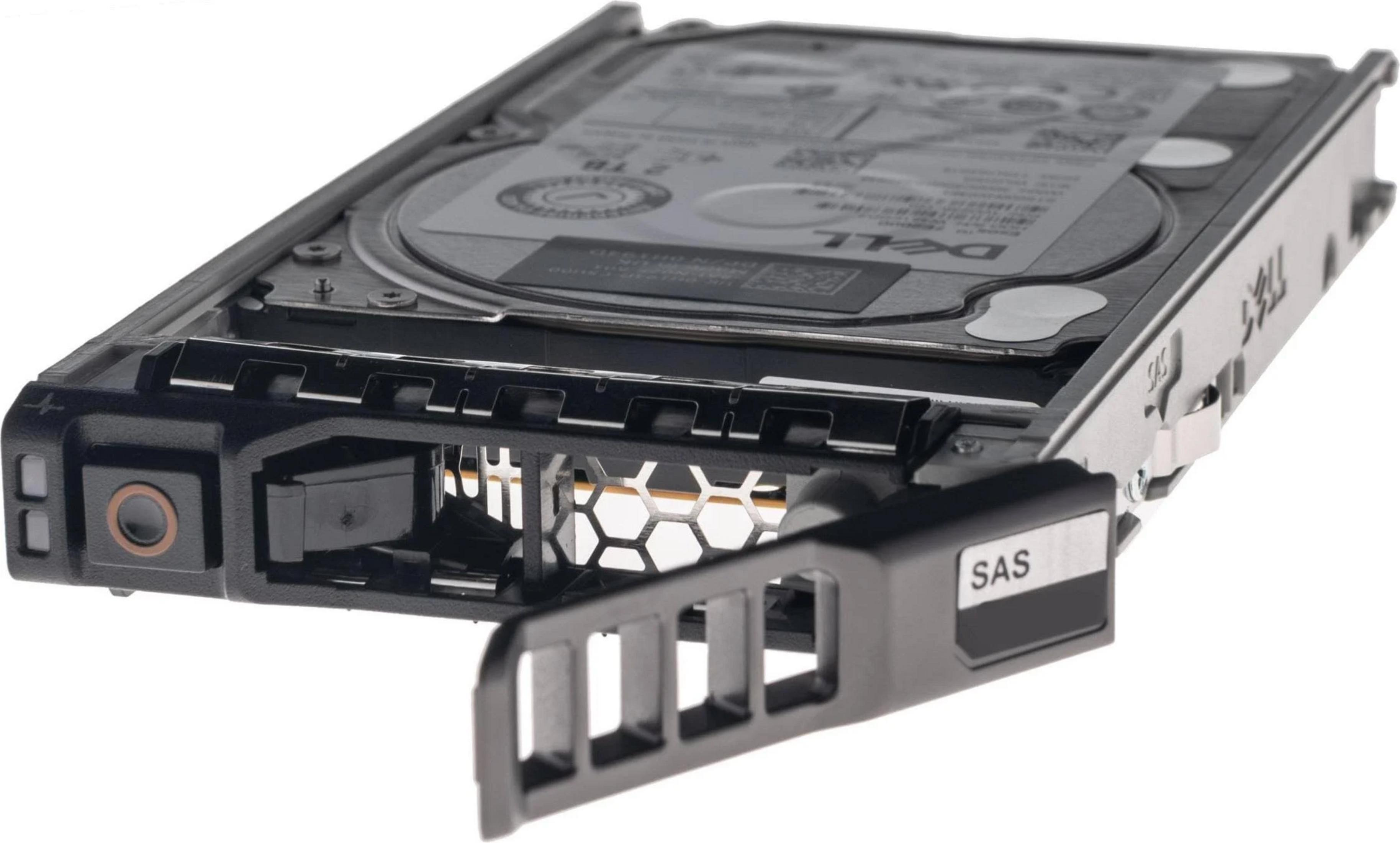 Un hard disk Dell SAS con il vassoio anteriore aperto, su sfondo bianco.
