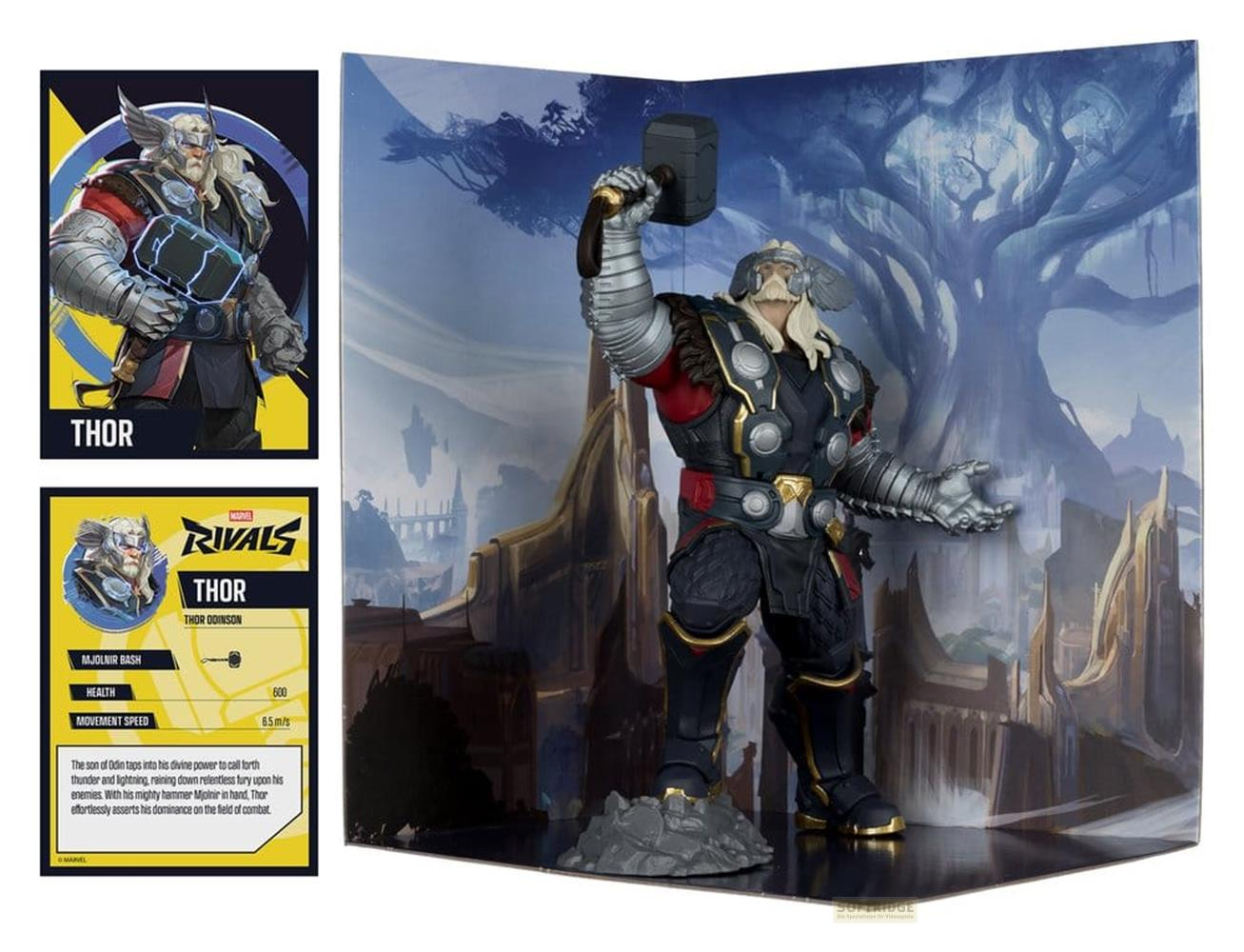 Thor-Figur mit Hammer in der Hand, vor fantastischer Kulisse.