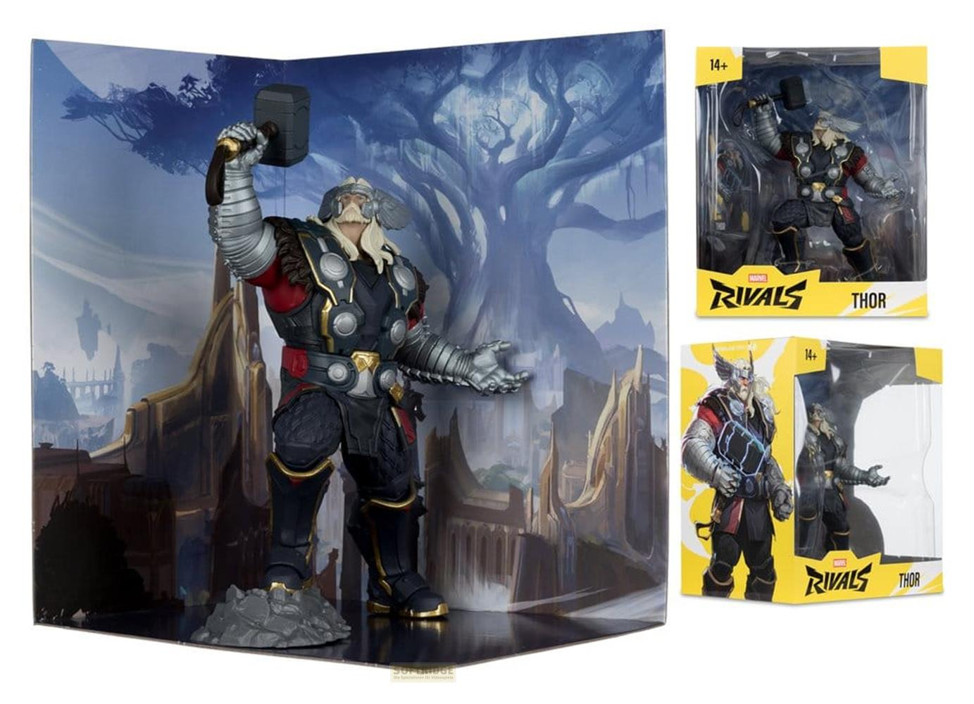 Eine Thor-Actionfigur mit Hammer vor einem Baum und Gebäuden. Daneben sind Verpackungen.