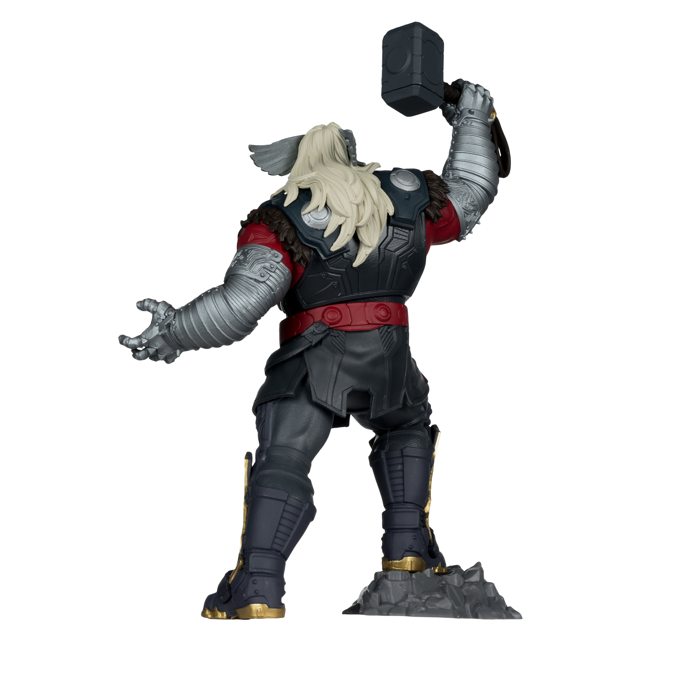 Thor Figur mit Hammer, trägt Rüstung und Umhang, weißer Hintergrund.