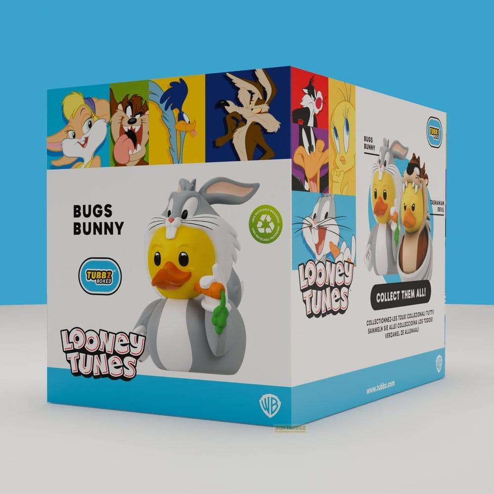 Eine Looney Tunes Box mit Bugs Bunny und Entenfiguren, die Karotten halten.