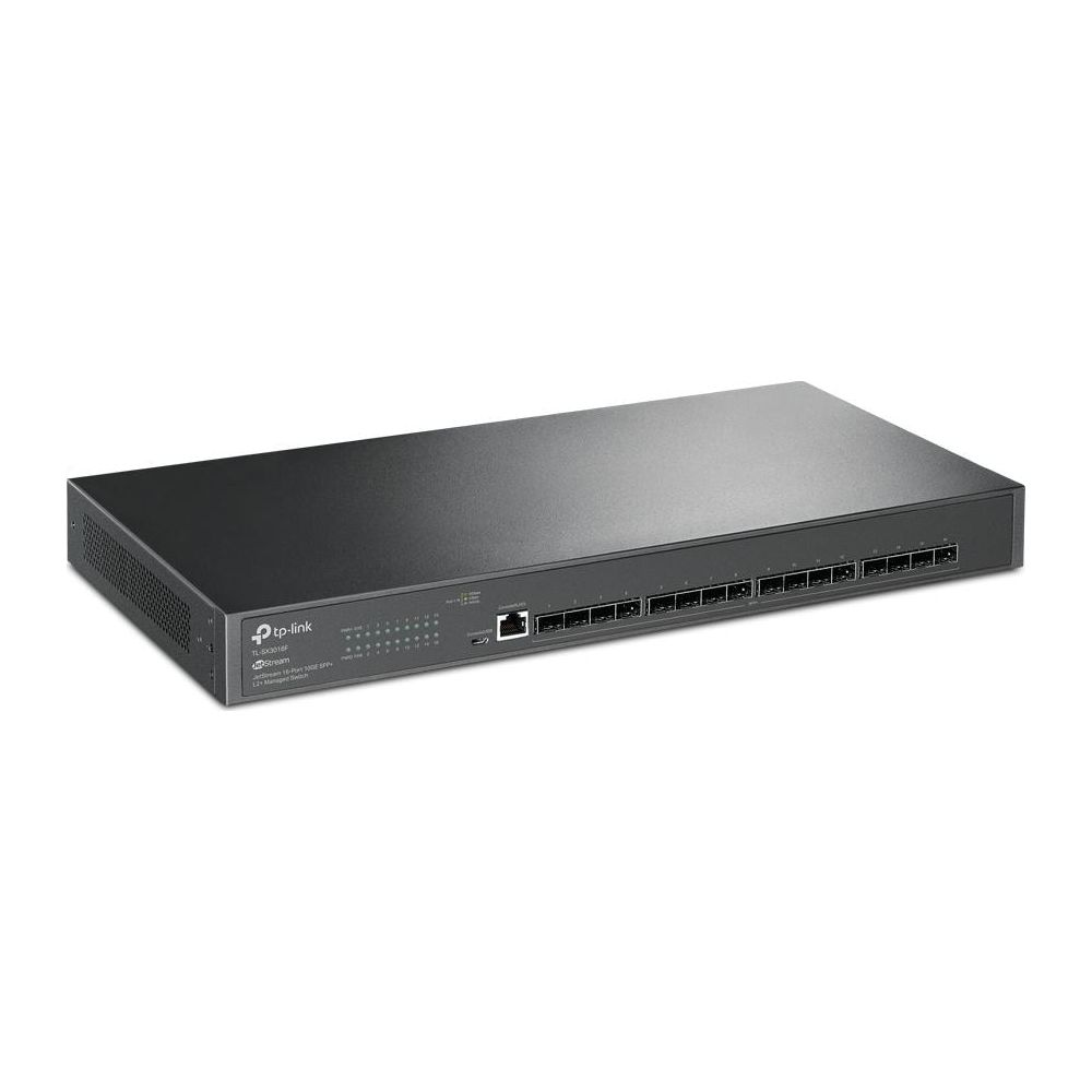 Switch réseau TP-Link noir avec 24 ports et un port USB.