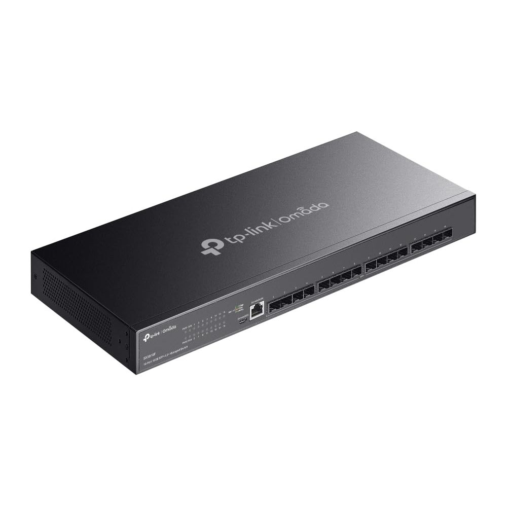 Switch réseau noir avec de nombreux ports et logo TP-Link Omada.