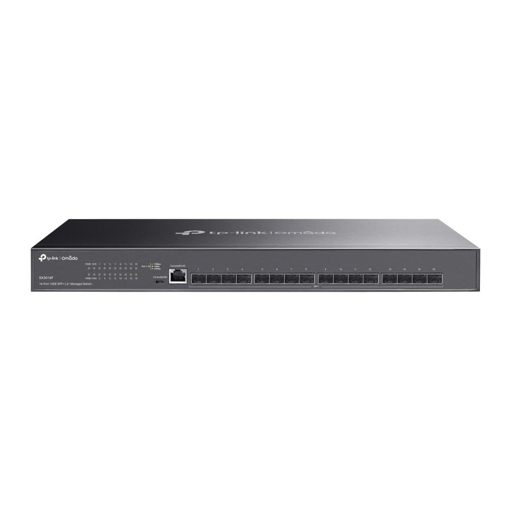 Un appareil switch réseau TP-Link Omada gris avec 16 ports SFP+.