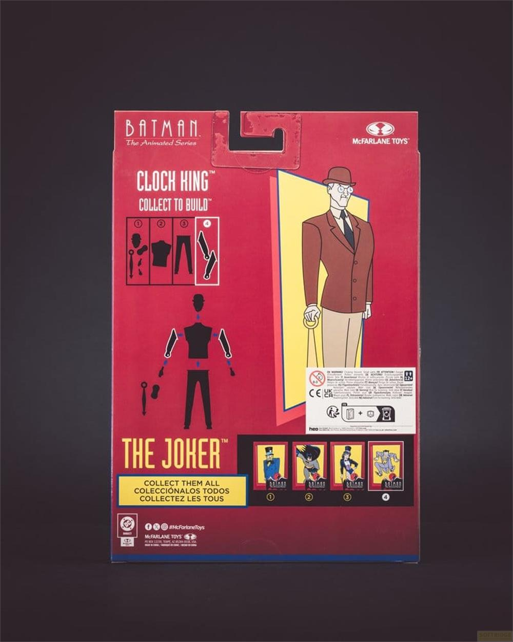 Reverso del embalaje de juguete de Batman, con figuras de Clock King y Joker.