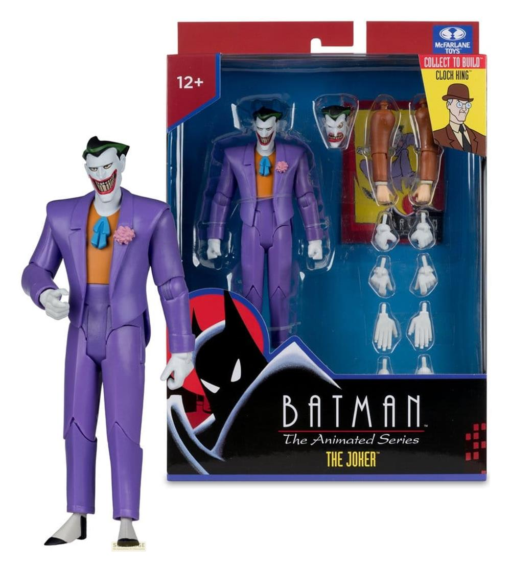 Figura de acción del Joker en traje morado, junto a embalaje con accesorios y logo de Batman.