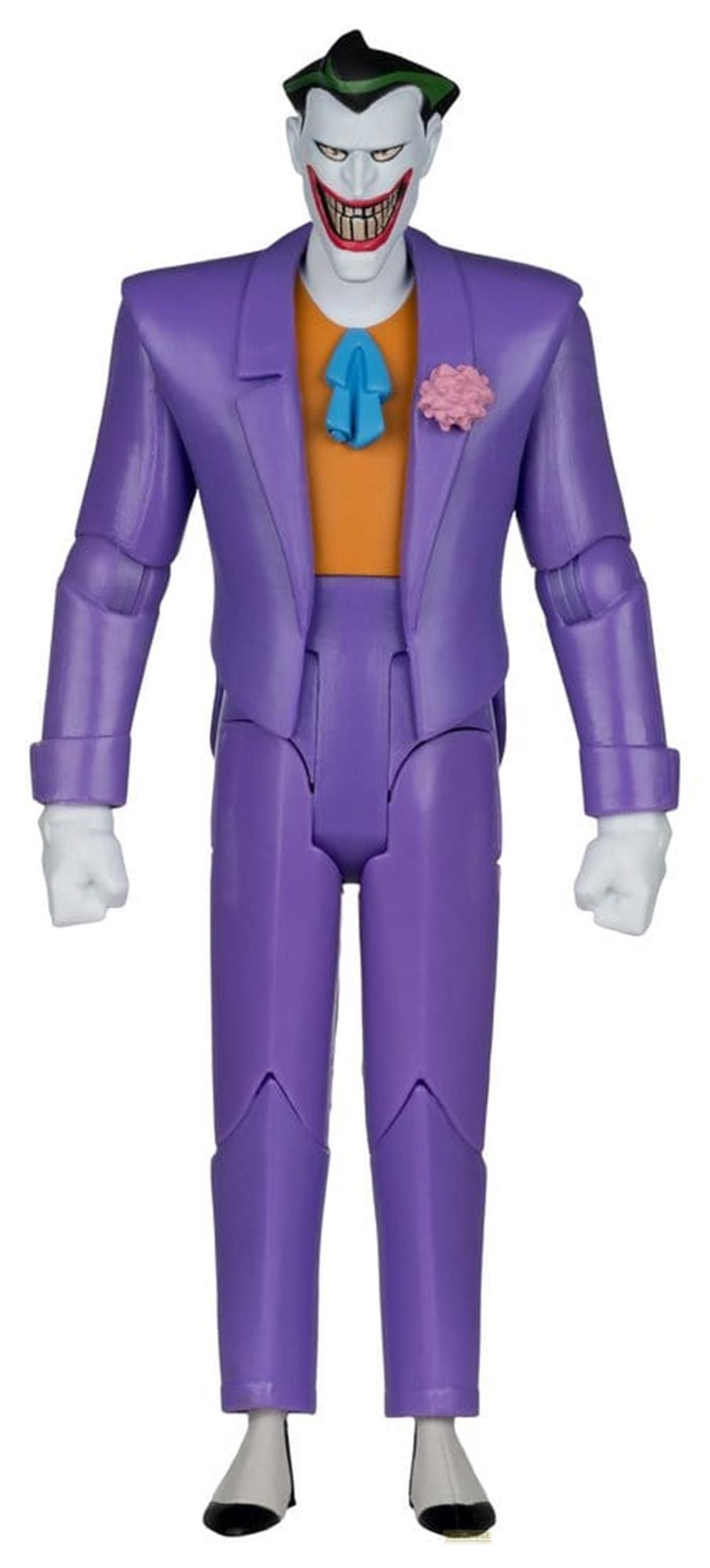 Una figura del Joker con traje morado, camisa naranja y corbata azul.