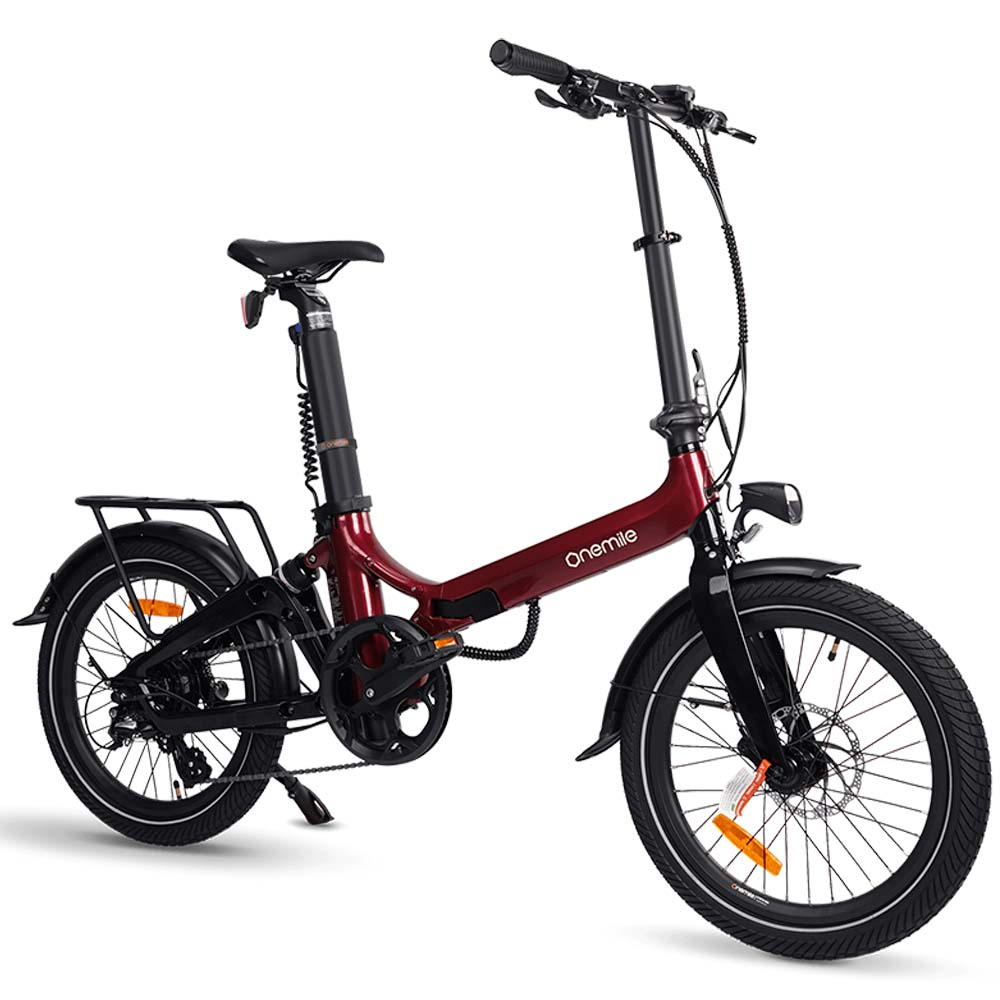 Bici elettrica pieghevole rossa con manubrio, sella e ruote nere.