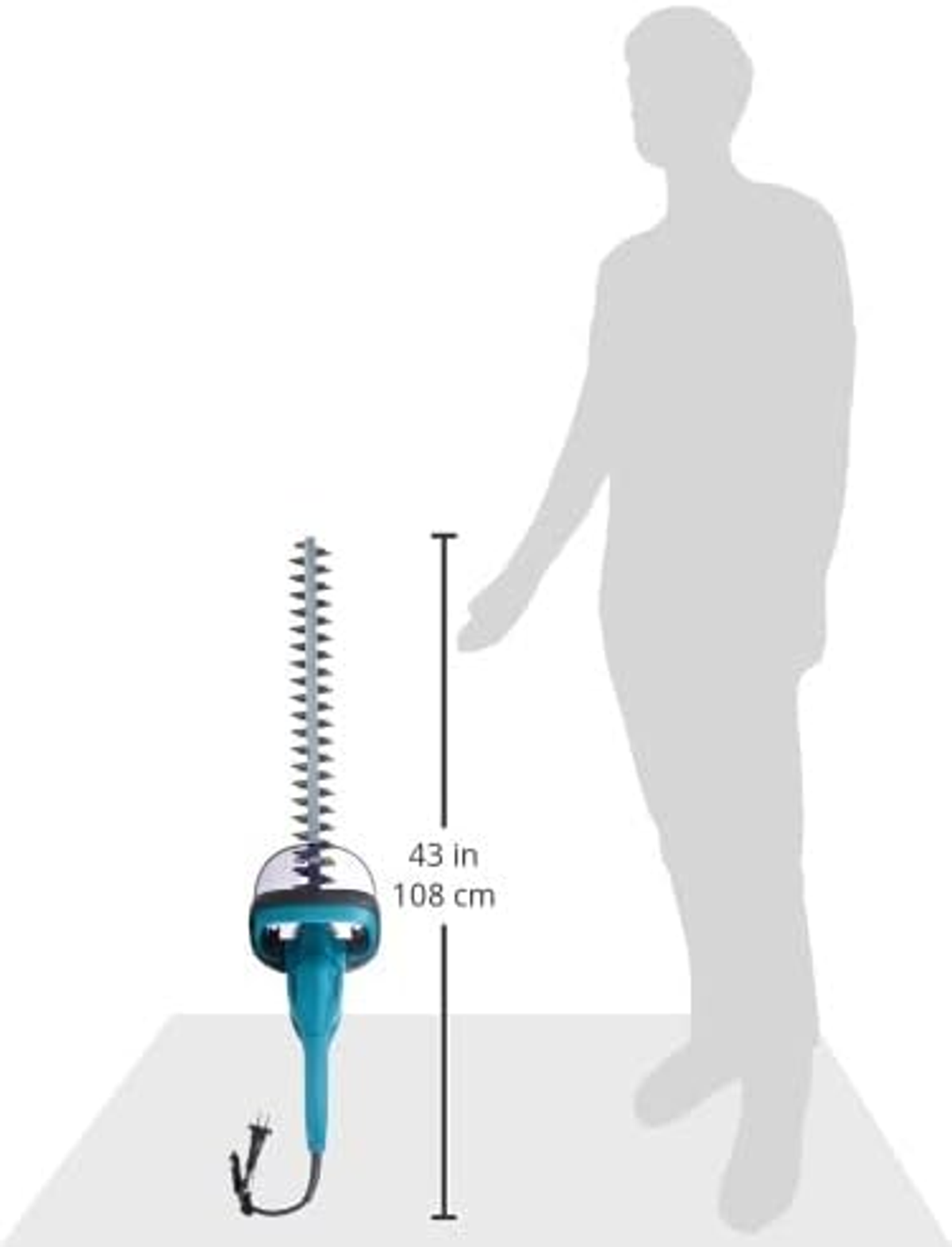 Un tagliasiepi turchese con albero da 43 pollici / 108 cm, accanto alla silhouette di un uomo.