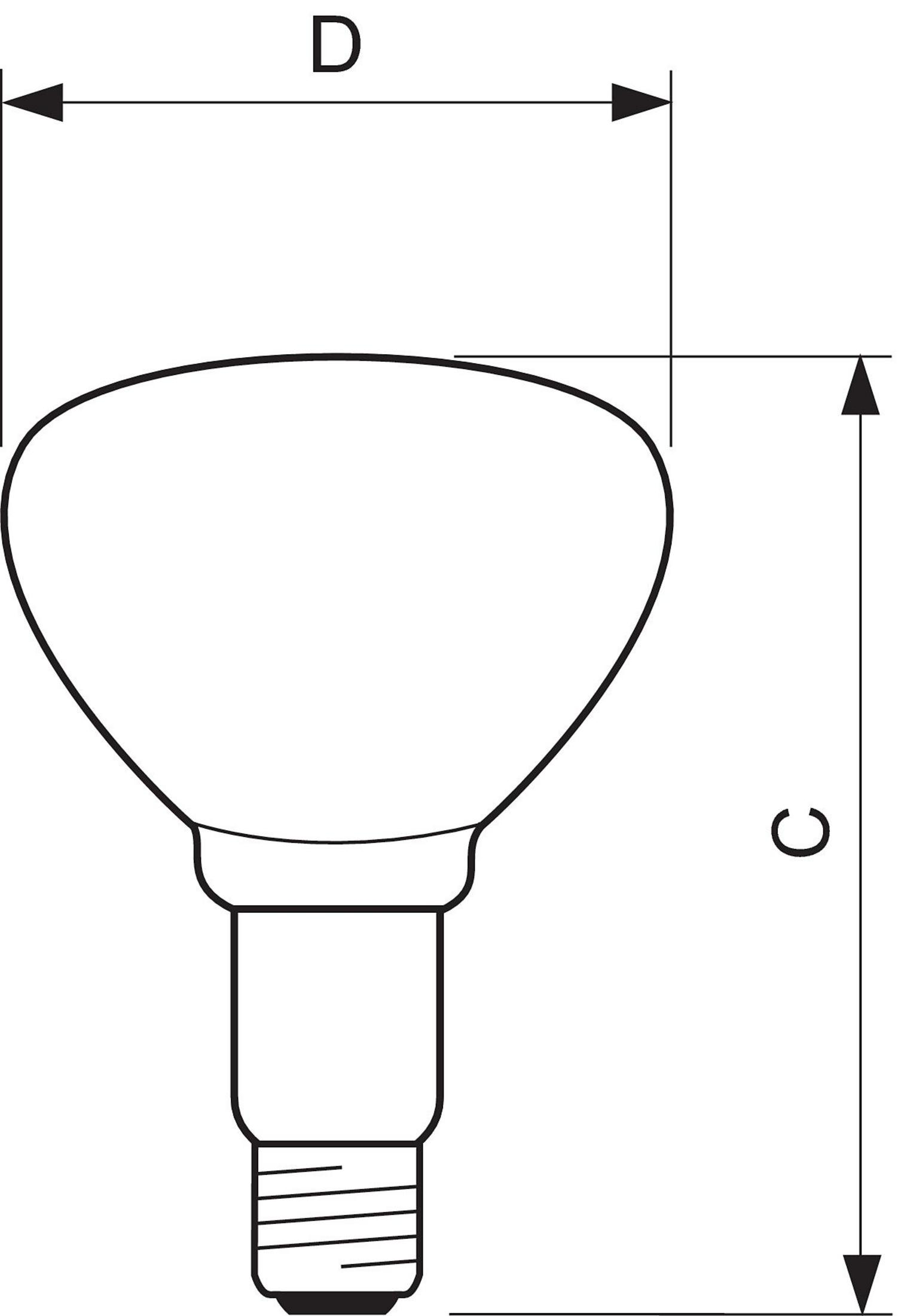 Disegno tecnico di una lampadina con dimensioni D e C.