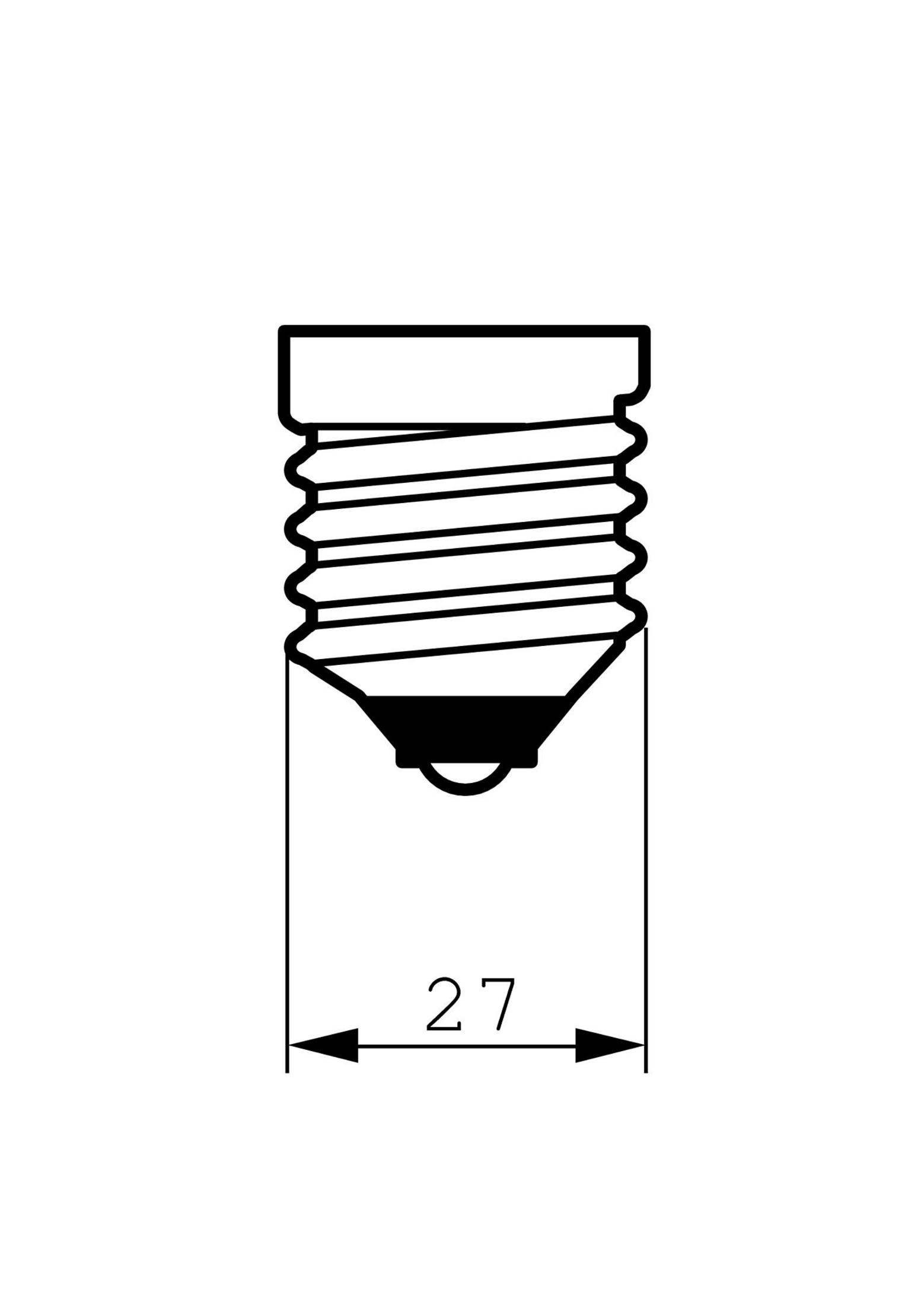 Un disegno schematico mostra la base di una lampadina con filettatura e una misura di 27.