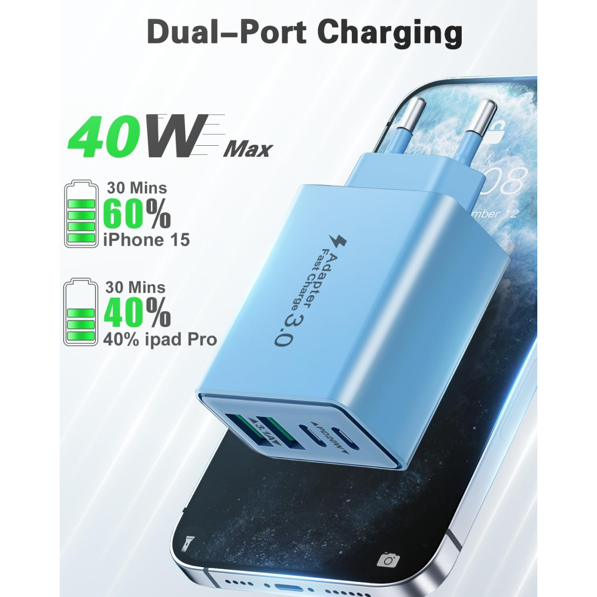 Blauer Dual-Port-Ladegerät mit 40W Max, lädt iPhone 15 auf 60% in 30 Min.