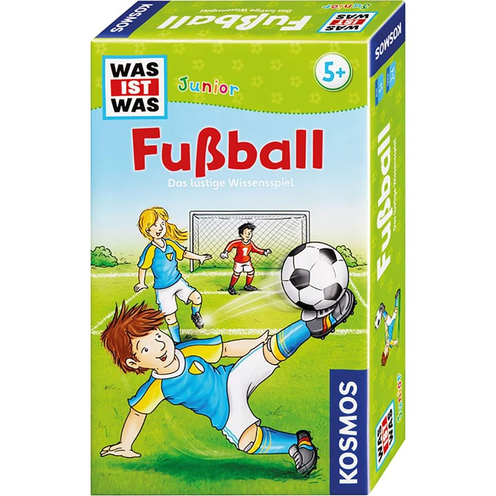 Kinder spielen Fußball auf grünem Feld, Spielbox für "Fußball Junior" von Kosmos.